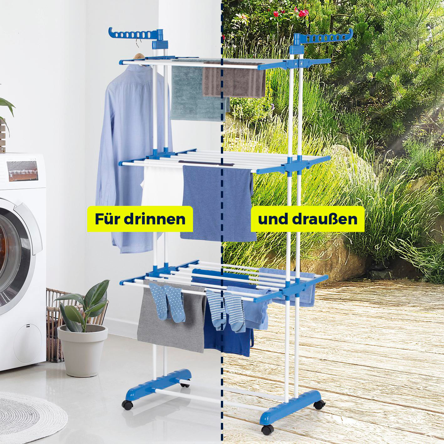 Wäscheständer mit Kleidung drinnen und draußen. Er hat blaue Akzente und ist auf Rädern. Im Hintergrund ist ein Garten.