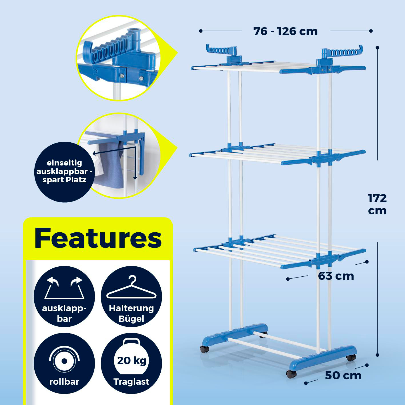 Ein blau-weißes Wäschetrockengestell mit Abmessungen und Funktionssymbolen. Es ist faltbar, hält 20 kg und ist rollbar.