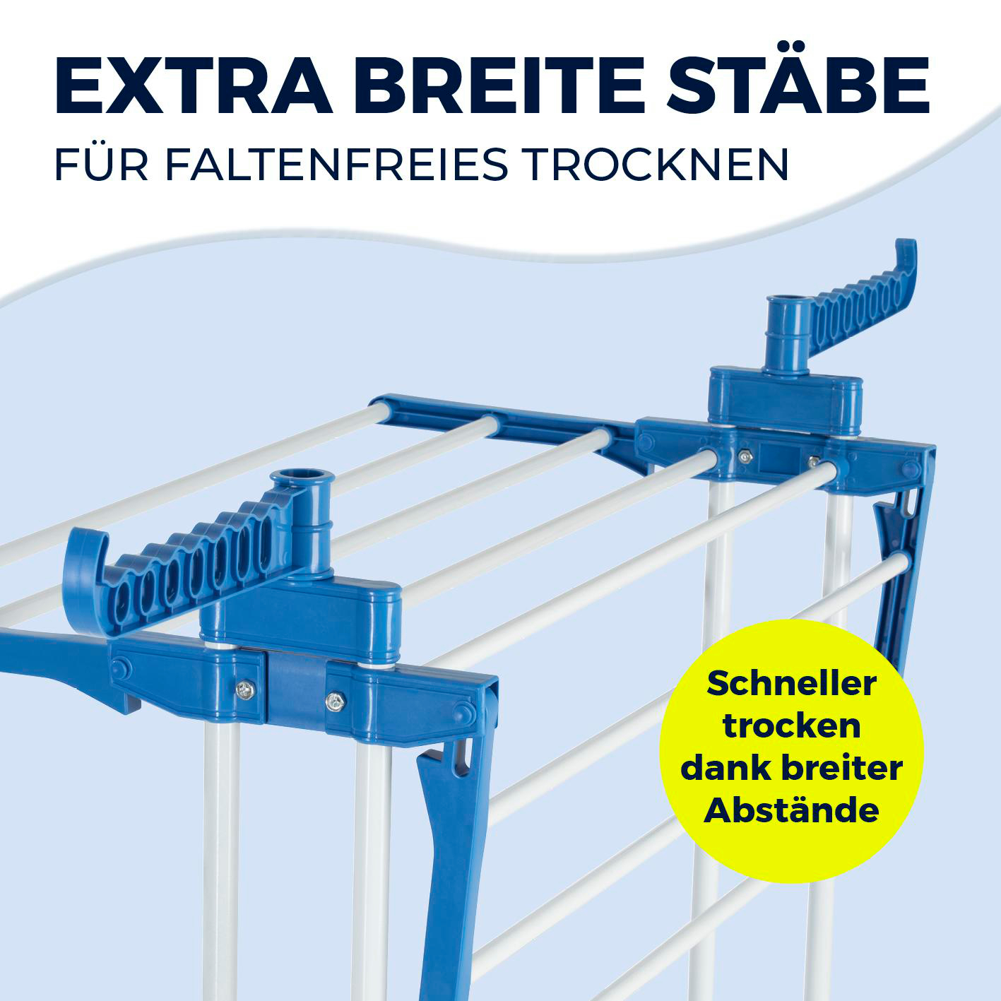 Blau-weißer Wäscheständer mit Text. Er hat breite Stäbe für faltenfreies Trocknen. Gelber Kreis erwähnt schnelleres Trocknen.