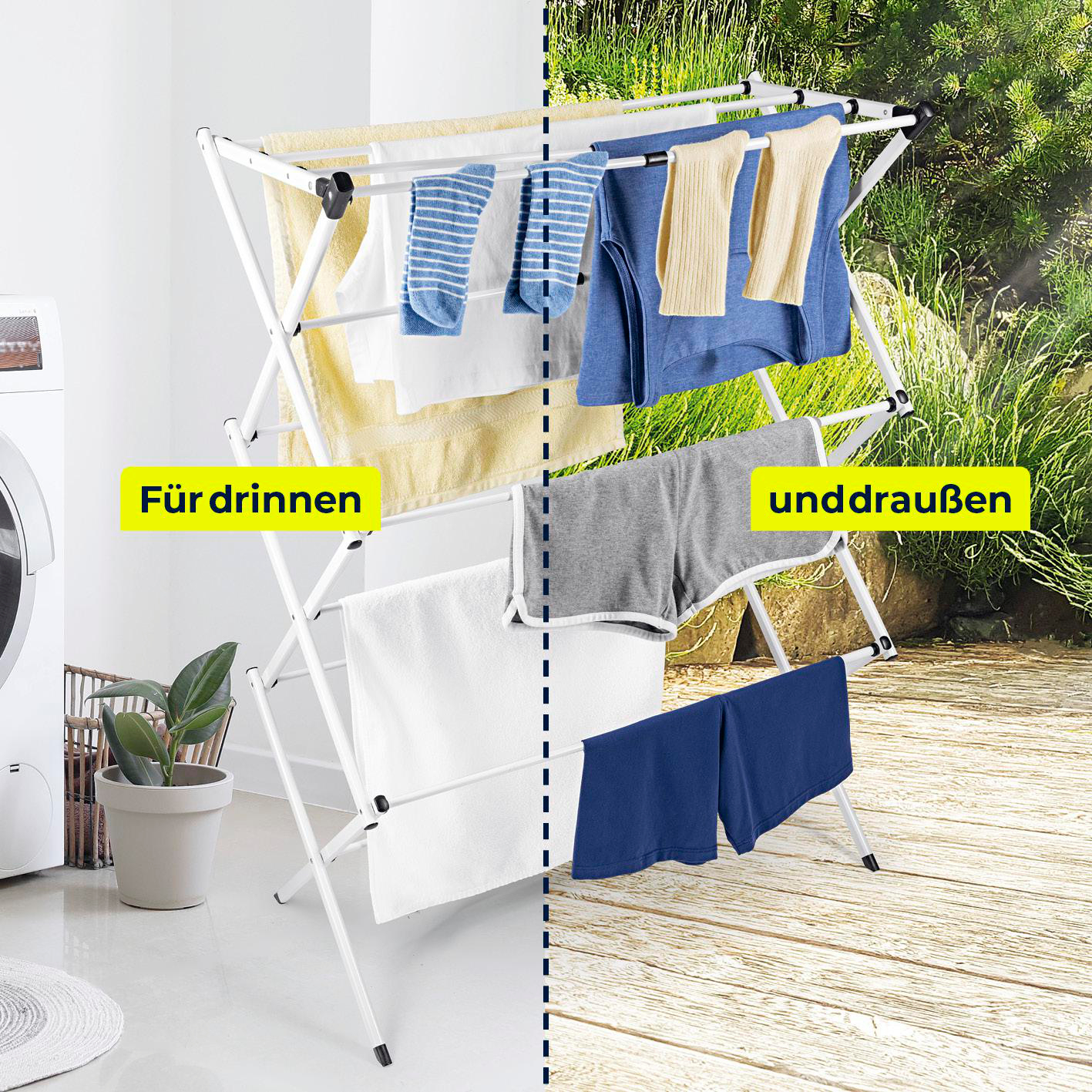 Weißer Wäscheständer mit Kleidung drinnen und draußen. Enthält Handtücher, Hemden und Shorts. Grüne Pflanzen und Holzboden im Hintergrund.