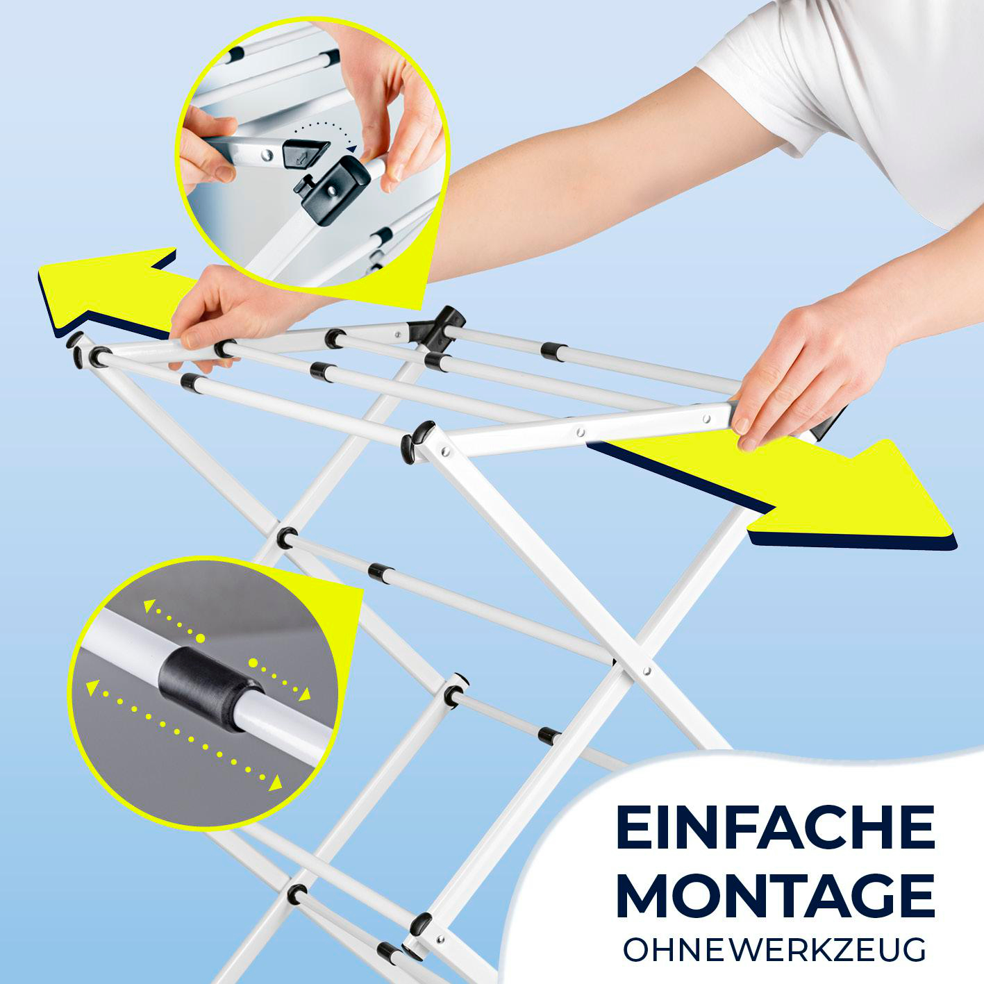 Person montiert einen weißen Wäscheständer. Gelbe Pfeile markieren Montagepunkte. Text: 'Einfache Montage ohne Werkzeug'.