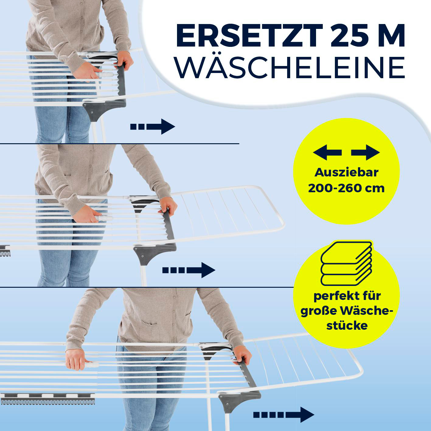 Eine Person verlängert einen weißen Wäscheständer. Text besagt, dass er 25 m Wäscheleine ersetzt. Andere Texte weisen auf Ausziehbarkeit hin.
