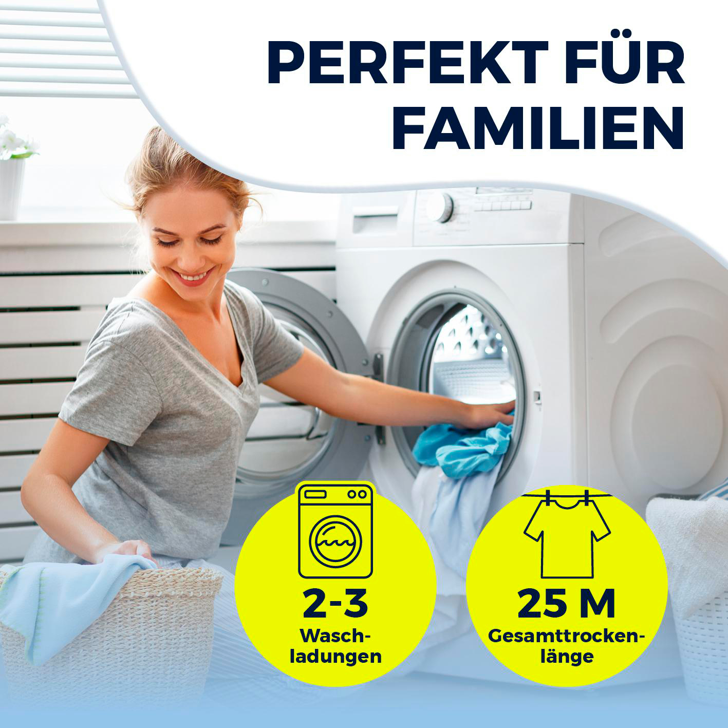 Eine Frau lächelt beim Beladen einer Waschmaschine mit blauem Stoff. Text: "Perfekt für Familien". Gelbe Kreise mit Wäsche-Symbolen.