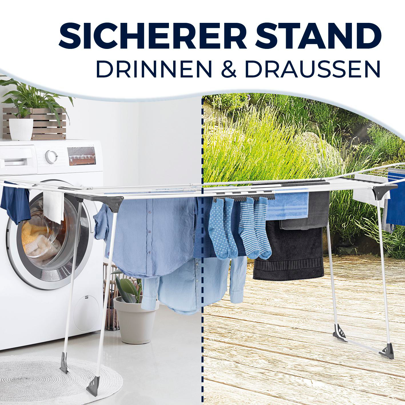 Ein Wäscheständer drinnen und draußen. Kleidung hängt auf dem Ständer. Im Hintergrund sind eine Waschmaschine und ein Garten zu sehen.