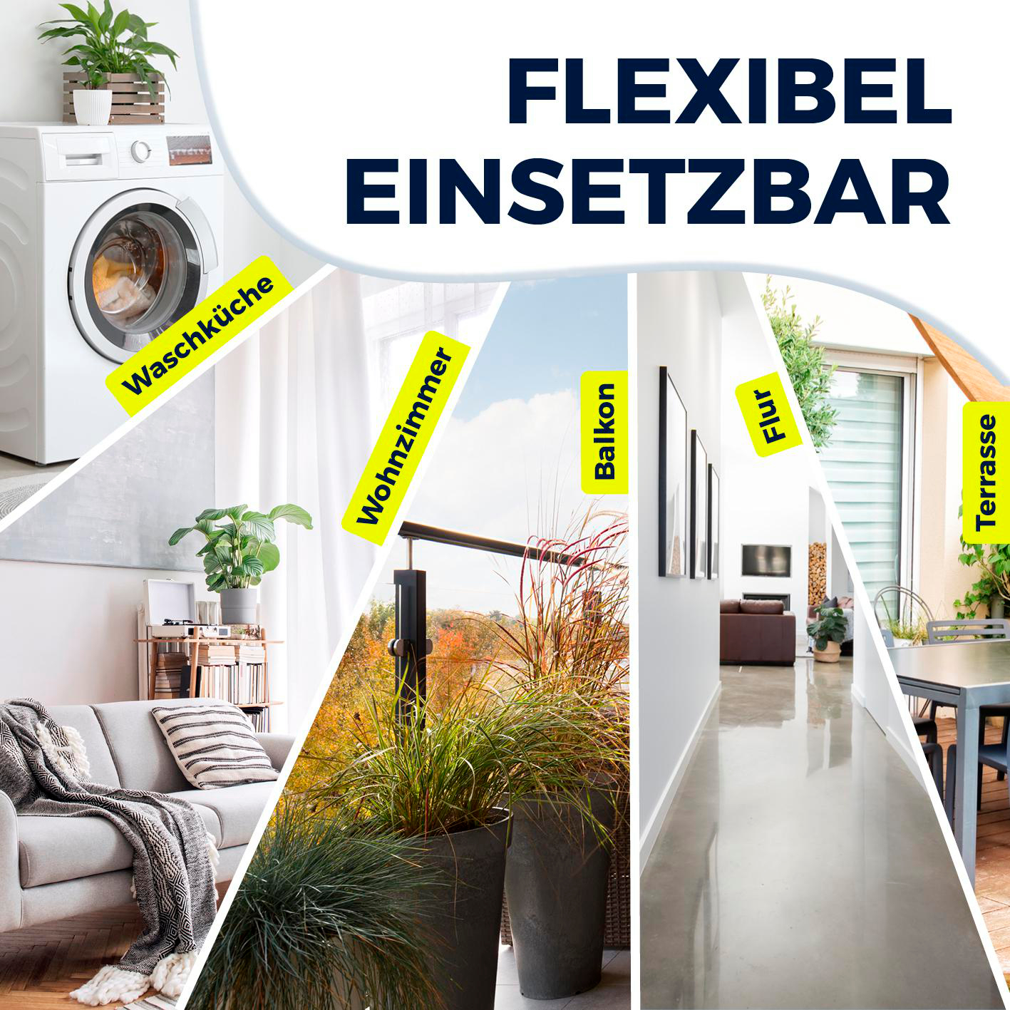Collage mit Waschküche, Wohnzimmer, Balkon, Flur und Terrasse. Text: 'Flexible Einsatzbar'.