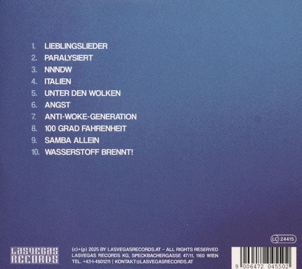 Liste von 10 Liedtiteln auf blauem Hintergrund mit Copyright-Infos.