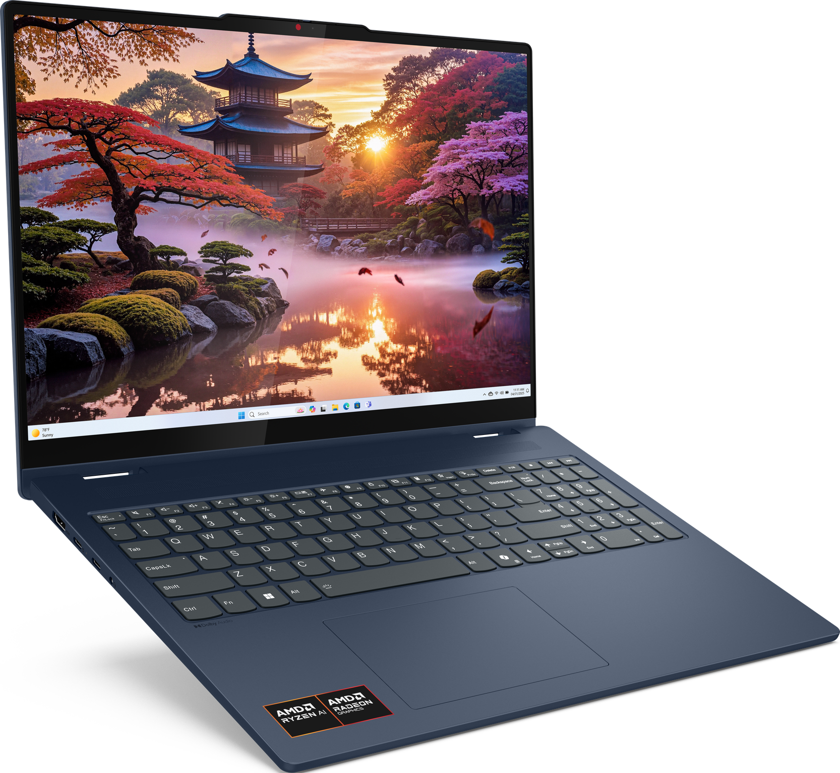 Ein Laptop zeigt eine japanische Gartenszene mit einer Pagode, Bäumen und Wasser. Der Laptop ist blau.