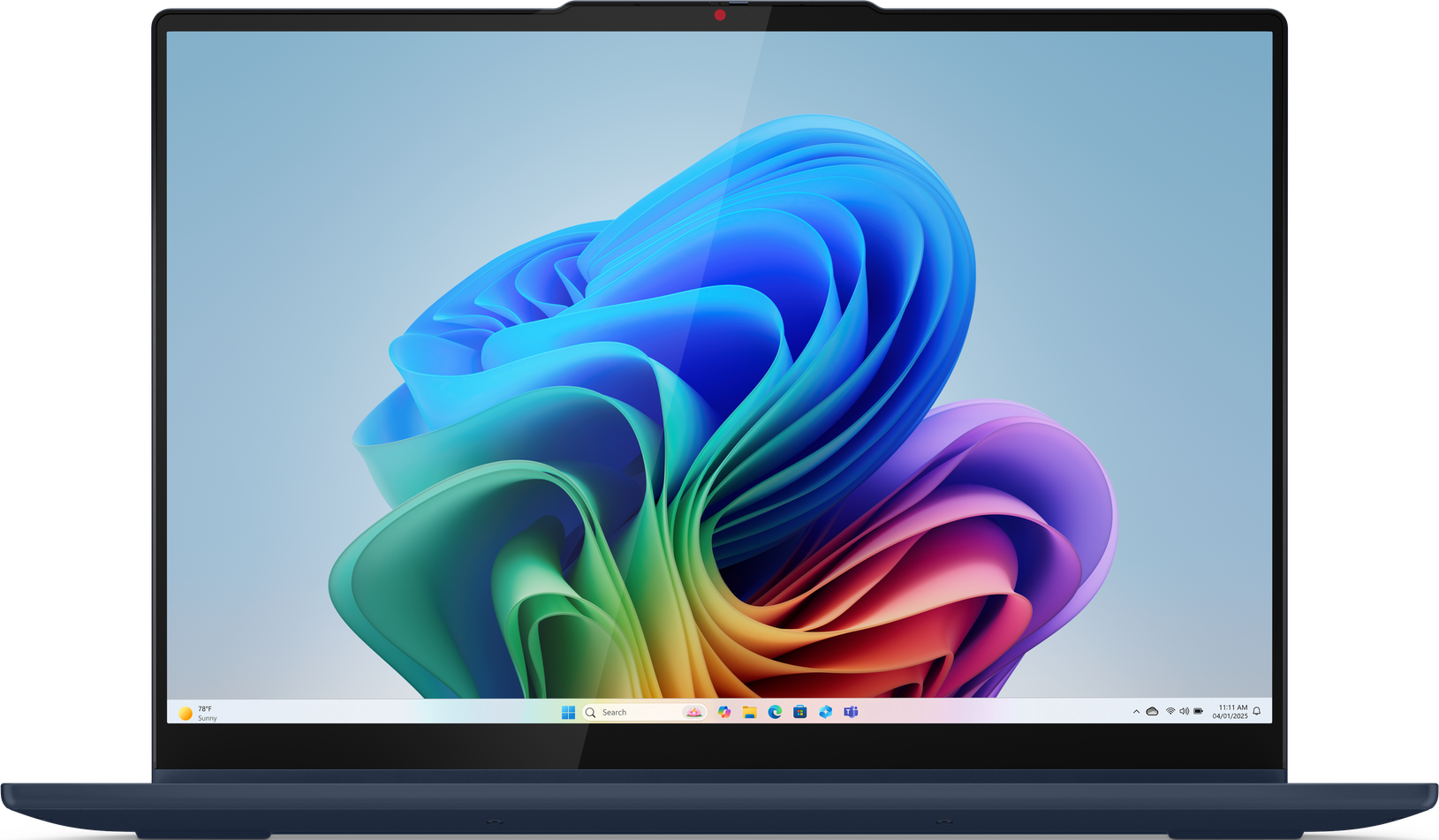 Laptop mit farbenfrohem, abstraktem Bild. Der Bildschirm zeigt blaue, grüne und violette Wirbelformen vor hellem Hintergrund.