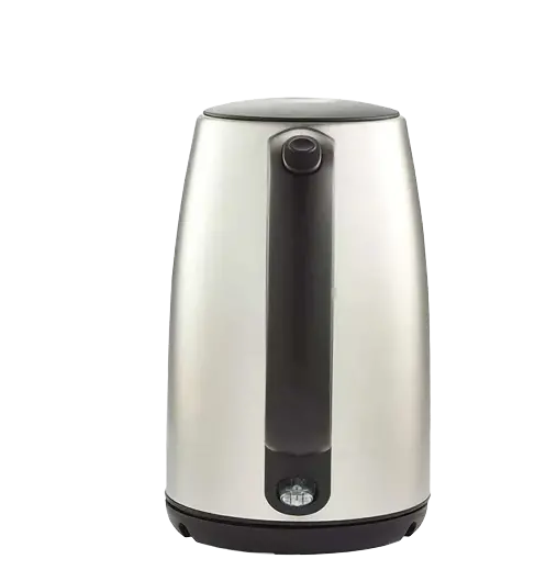 Srebrny czajnik elektryczny z czarnym uchwytem i podstawą na czarnym tle. Widoczny jest przycisk zasilania.