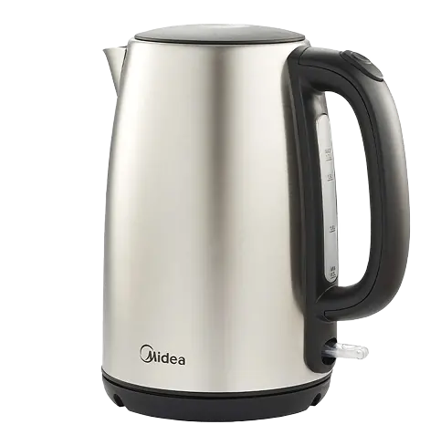 Srebrny czajnik elektryczny z czarnym uchwytem i podstawą. Czajnik posiada wskaźnik poziomu wody i logo Midea.
