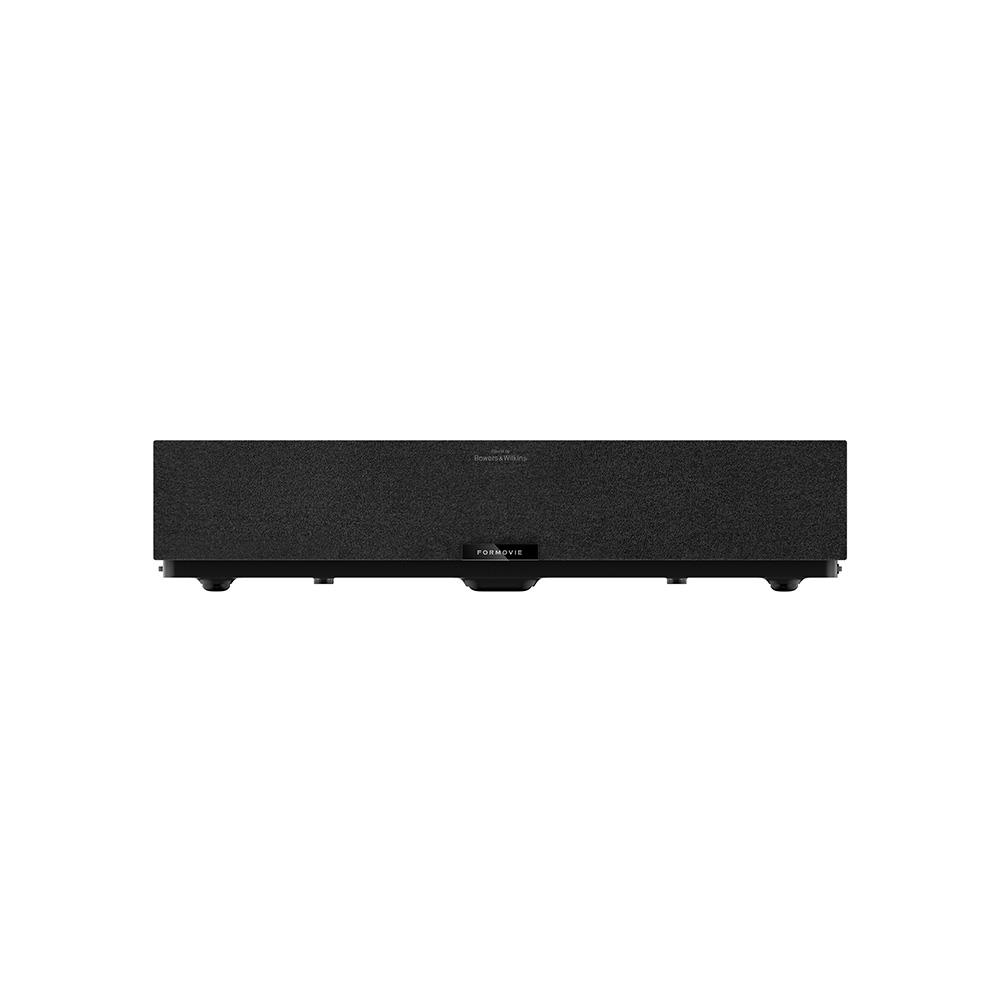 Beyaz bir arka plan üzerinde Bowers & Wilkins ve FORMOVIE markalı siyah bir soundbar.
