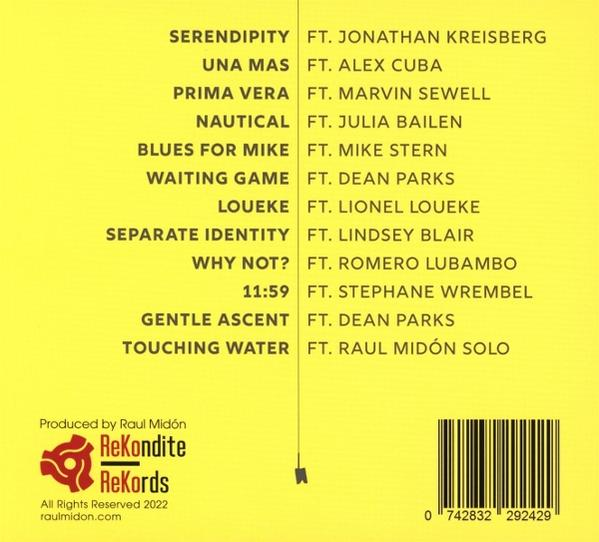 Album-Trackliste mit Künstlernamen und Produktionsdetails auf gelbem Hintergrund.
