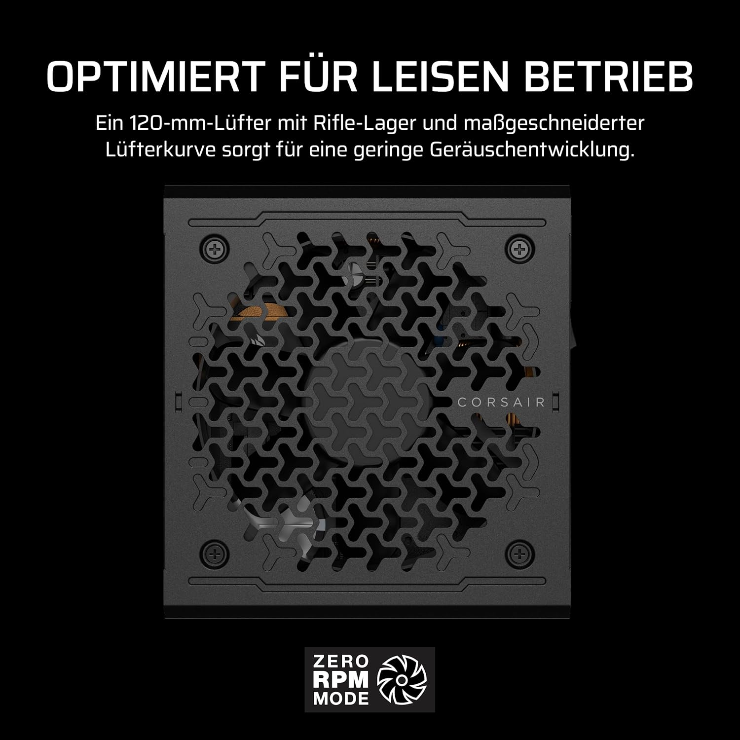 Ein Computer-Netzteil mit einem Lüfter, der durch ein gemustertes Gitter sichtbar ist, das Corsair-Logo und Text über leisen Betrieb.