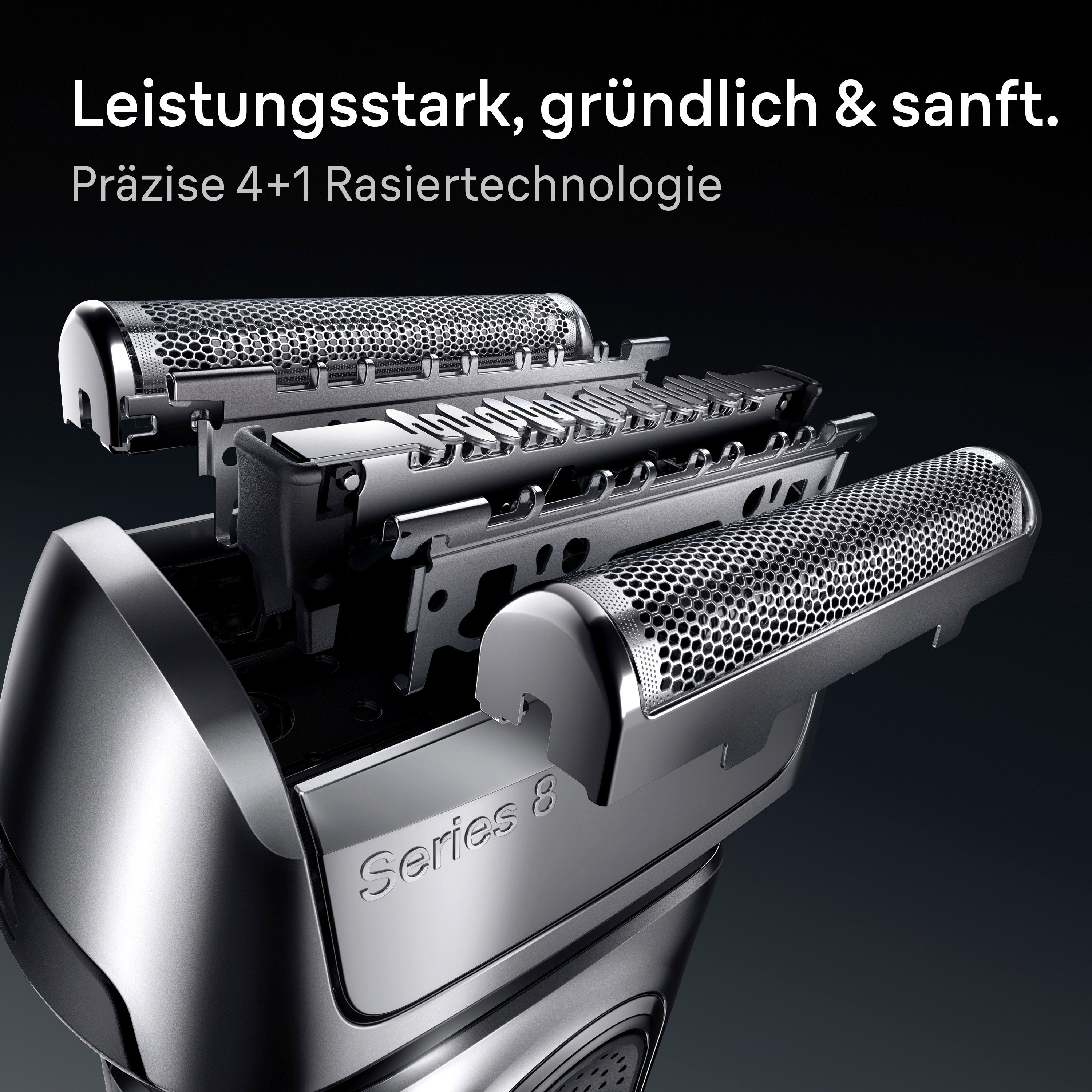 Primo piano di un rasoio elettrico argentato, che mostra le sue lame e il marchio Series 8. Testo: 'Potente, accurato e delicato.'