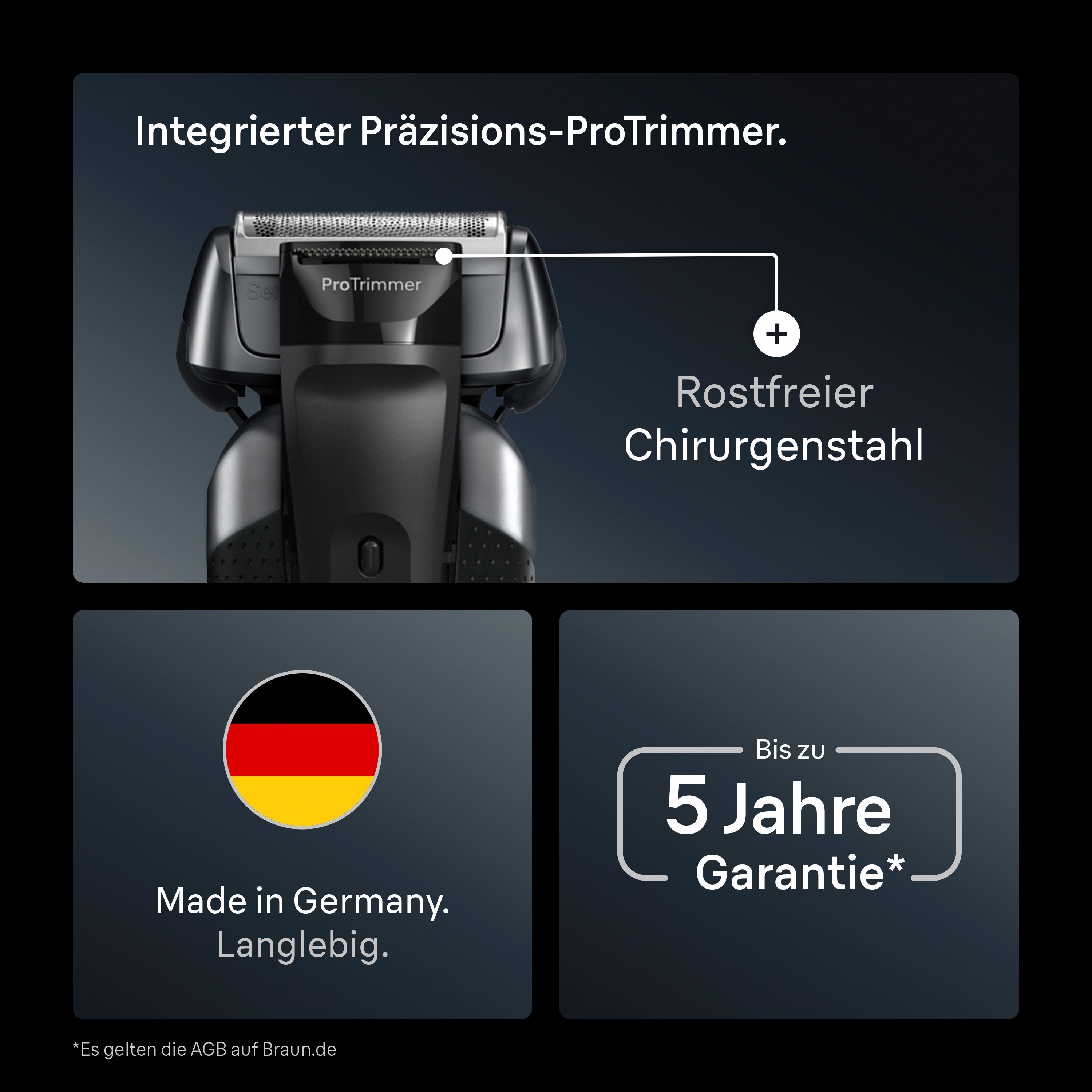Rasoio elettrico con ProTrimmer, prodotto in Germania, con 5 anni di garanzia su sfondo nero.