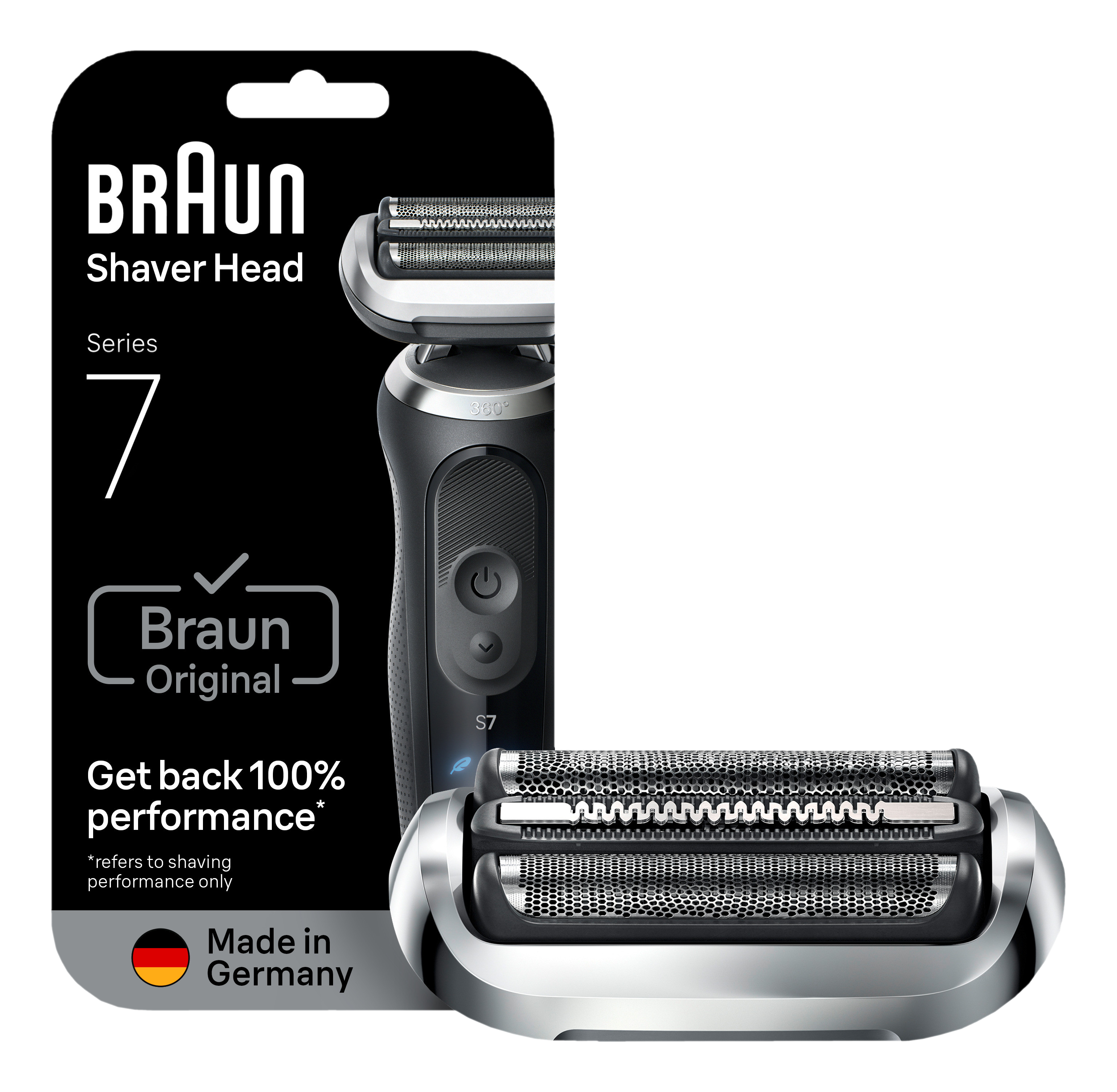 Braun Series 7 Scherkopf auf schwarzem Hintergrund. Die Produktverpackung zeigt einen Scherkopf und das Braun-Logo.