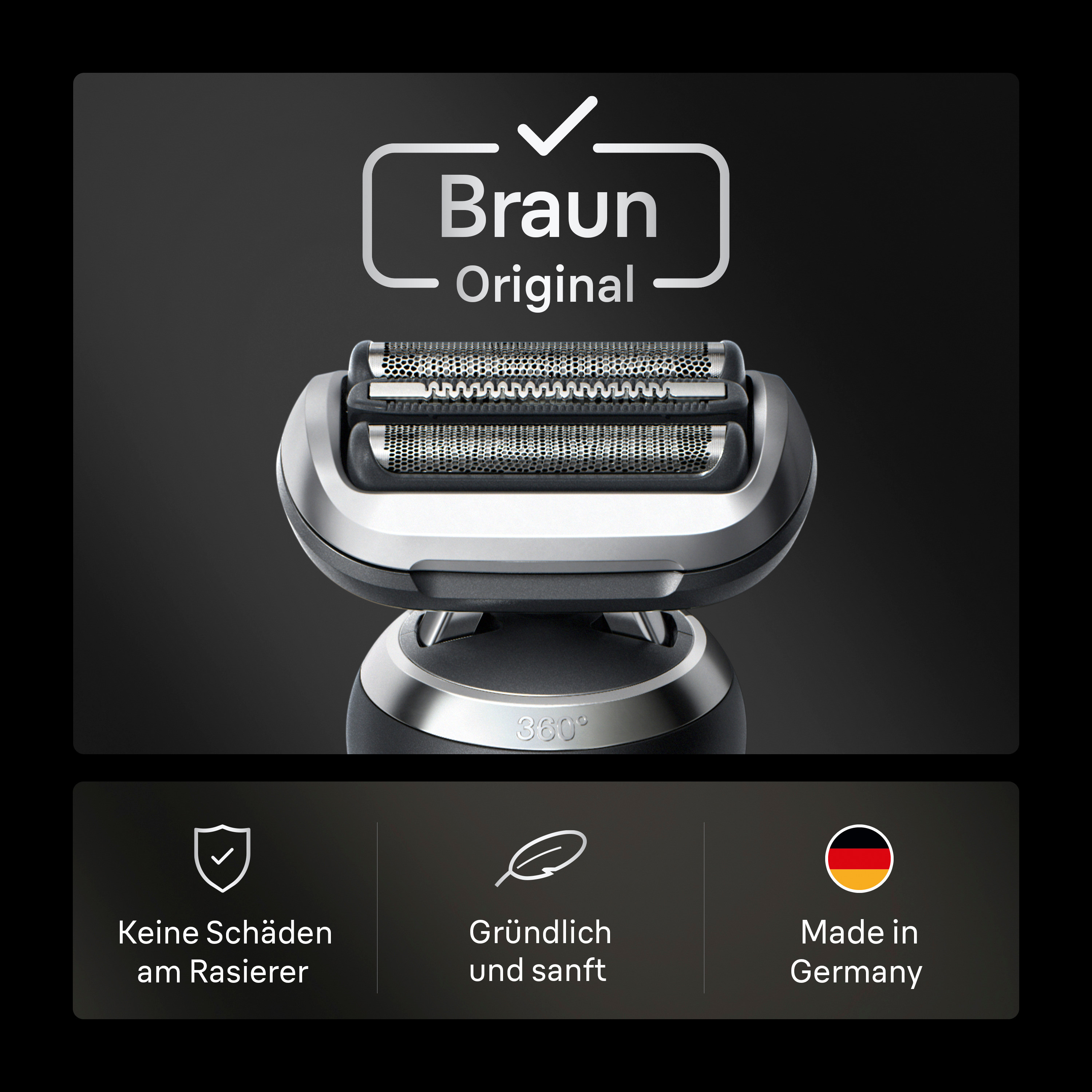 Ein elektrischer Rasierer von Braun mit silbernen Klingen. Auf der Verpackung steht 'Braun Original' und 'Made in Germany'.