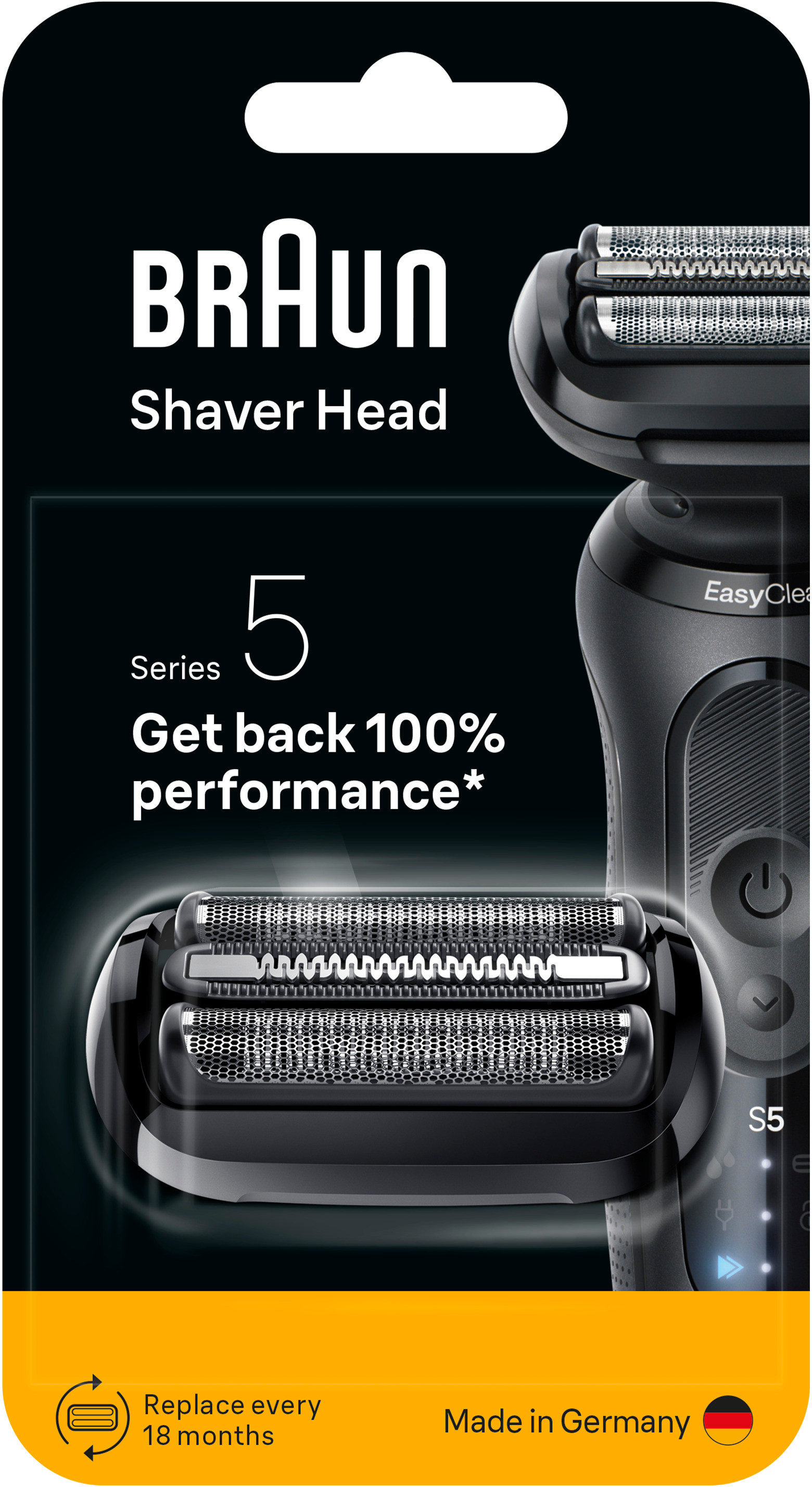 Braun Rasiererkopf-Verpackung. Schwarzer Hintergrund mit Rasiererkopf und Text: Braun, Shaver Head, Series 5 und Get back 100% performance.