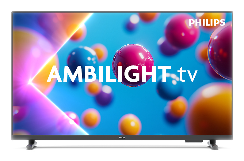 Telewizor Philips Ambilight wyświetla kolorowe kule na niebieskim tle. Telewizor ma logo Philips.
