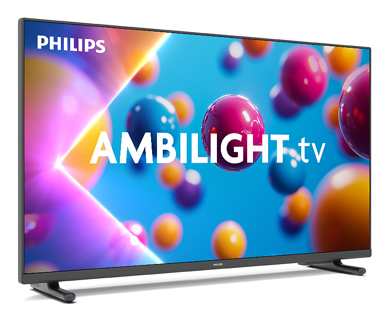 Telewizor Philips Ambilight wyświetla kolorowe, abstrakcyjne tło z pływającymi sferami. Telewizor jest na białym tle.