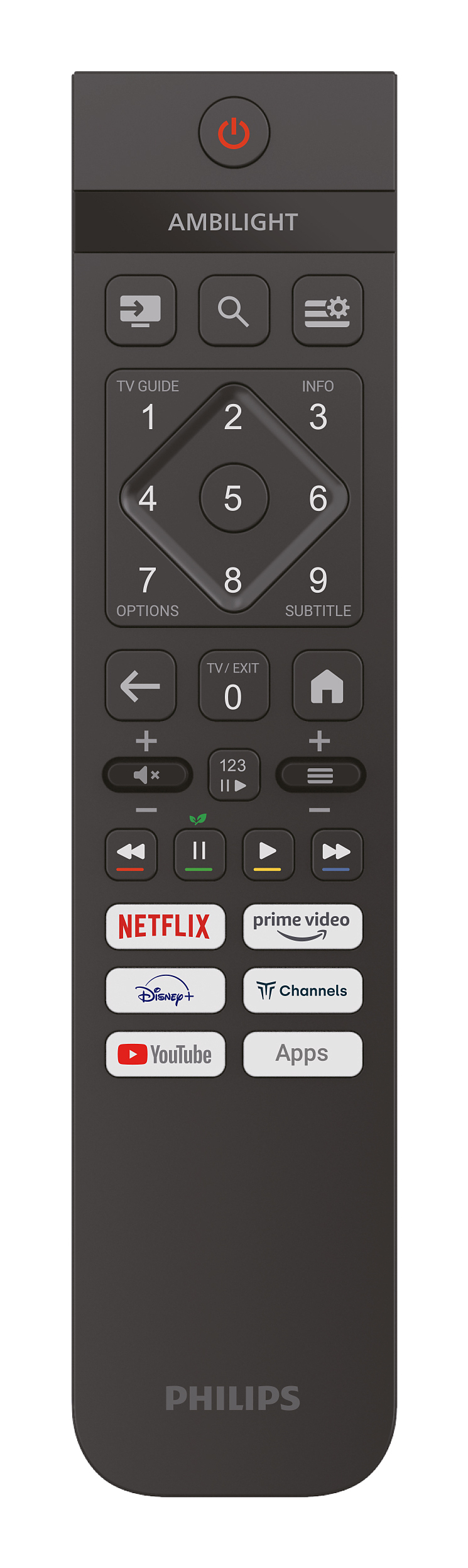 Ciemnoszary pilot Philips z wieloma przyciskami, w tym Netflix, YouTube i klawiszami numerycznymi. Logo Philips na dole.