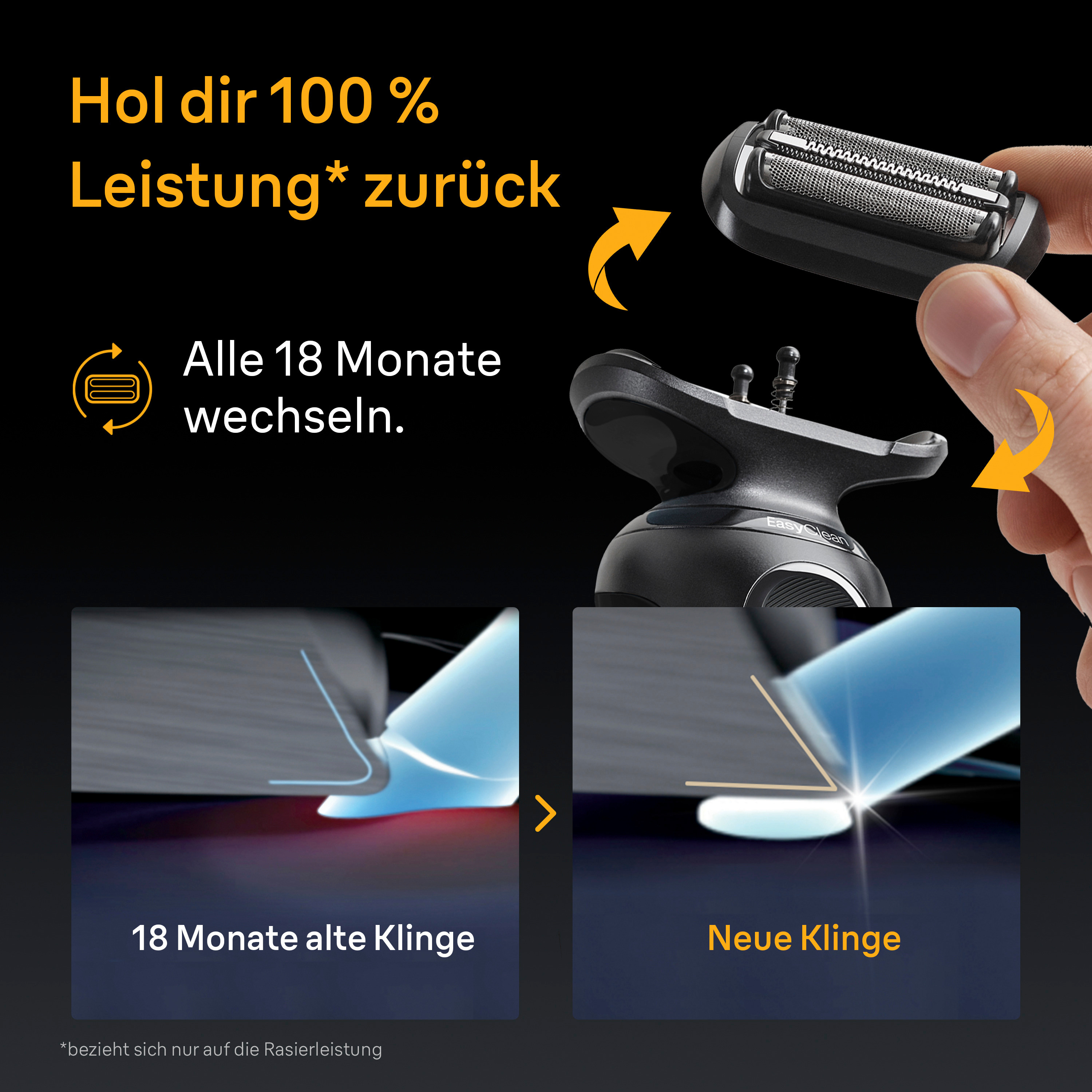 Das Bild zeigt einen Rasierer und einen Ersatzkopf. Der Text schlägt vor, den Kopf alle 18 Monate auszutauschen.