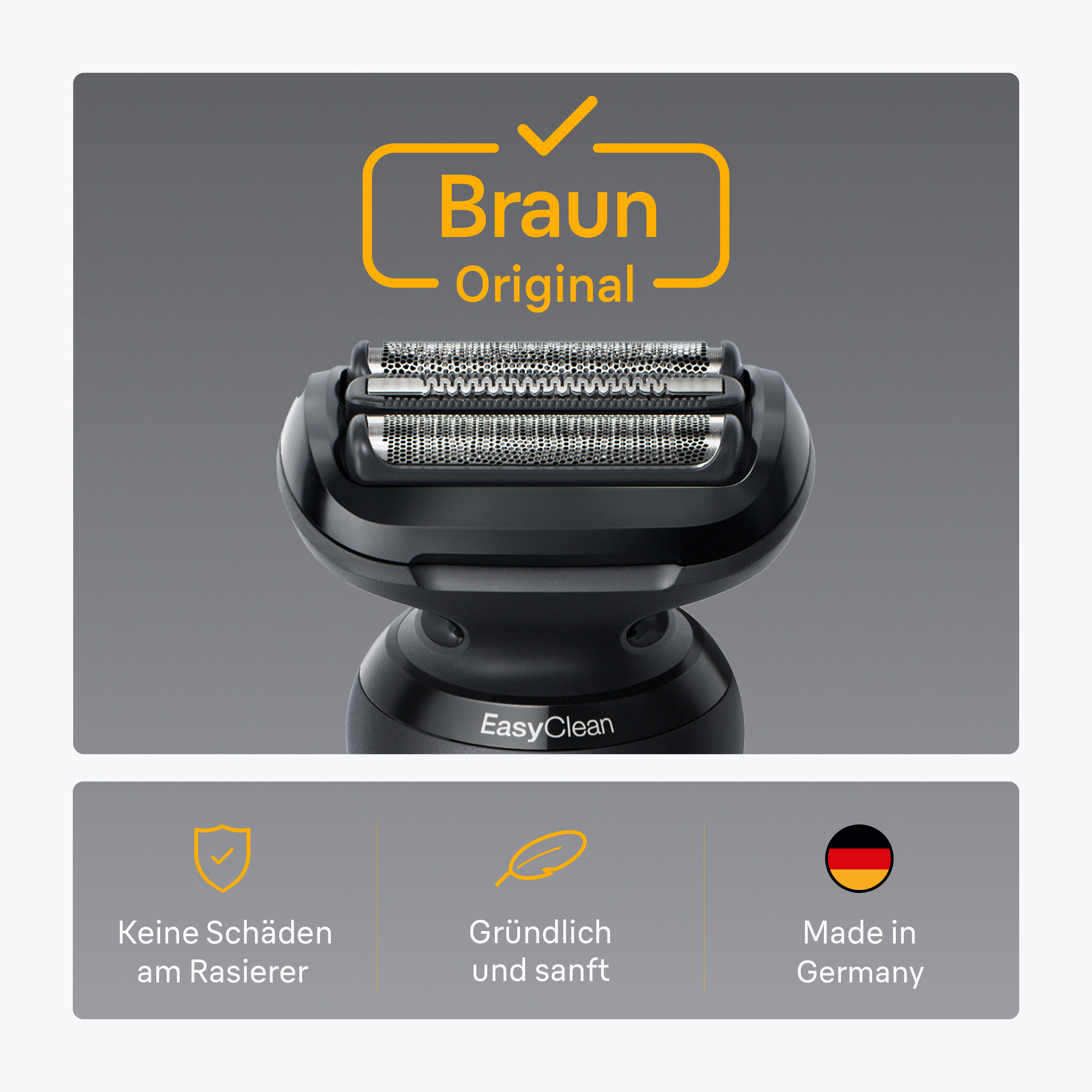 Ein schwarzer Elektrorasierer mit Braun-Logo. Darunter Symbole und Text auf Deutsch, die seine Eigenschaften und Herkunft bewerben.