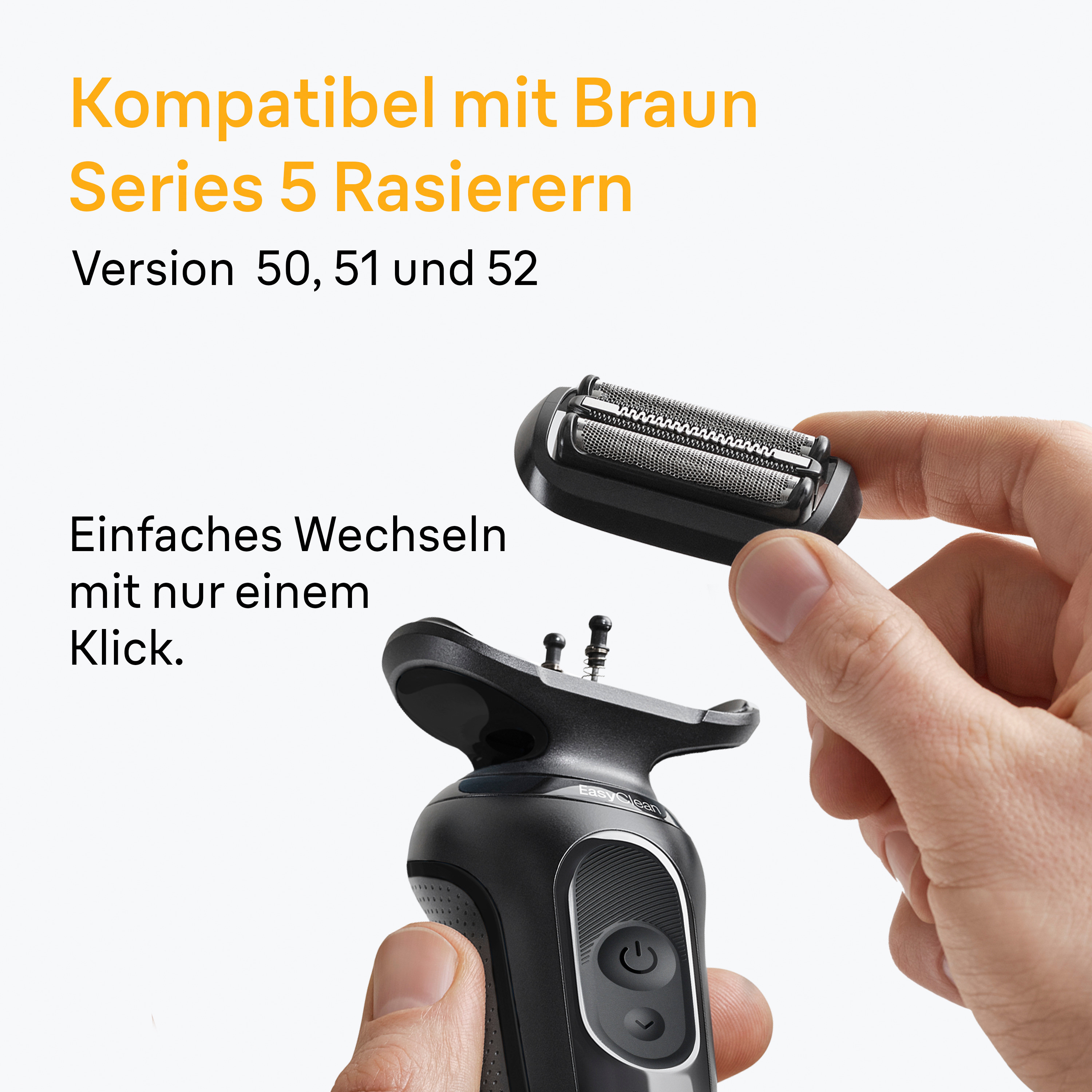Ein schwarzer Rasiererkopf wird über dem Rasiererkörper gehalten. Text: 'Kompatibel mit Braun Serie 5'.