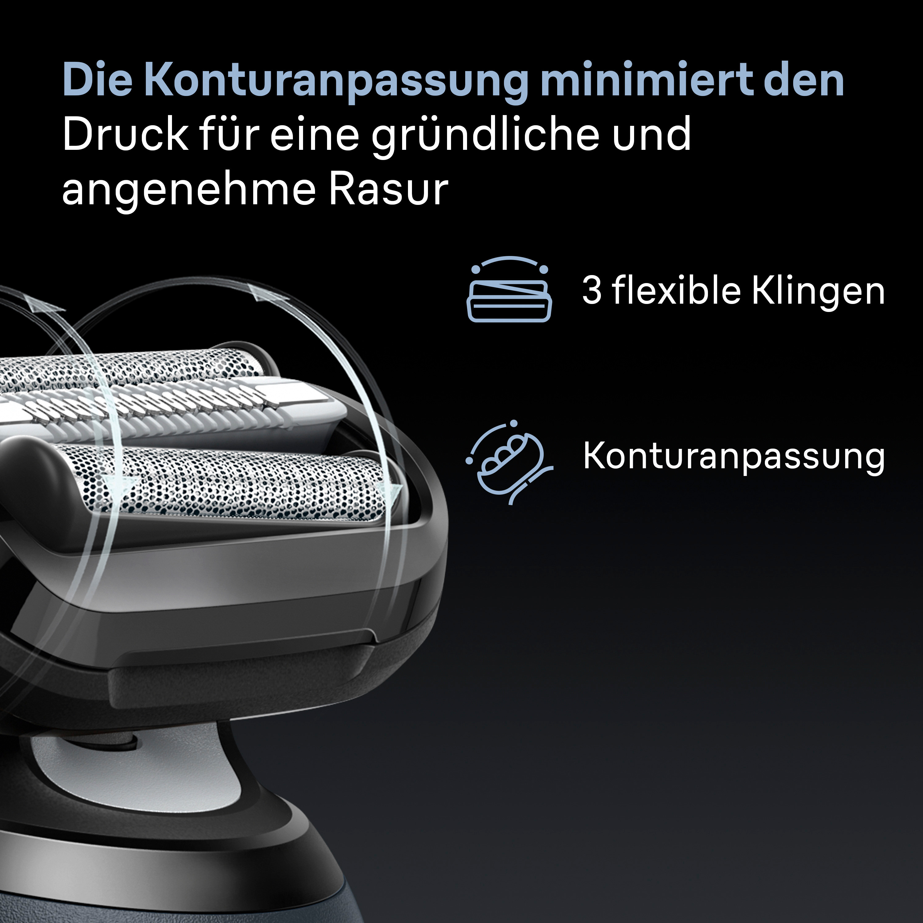 Ein elektrischer Rasierer mit Text, der seine Eigenschaften beschreibt. Er hebt die Konturanpassung und 3 flexible Klingen hervor.