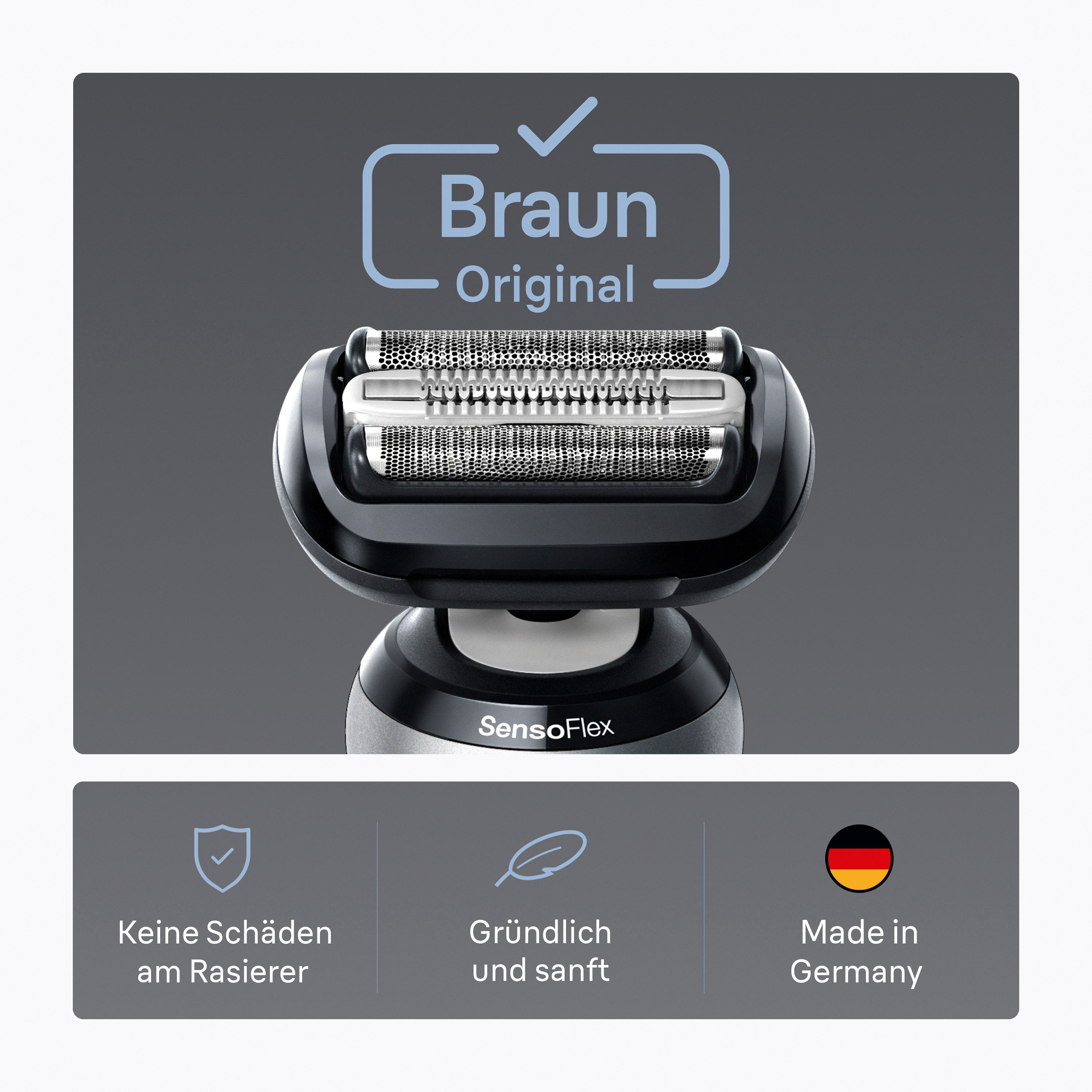 Ein elektrischer Rasierer von Braun. Der Kopf hat drei Klingen. Er hat den Text 'Braun Original' und 'Made in Germany'.