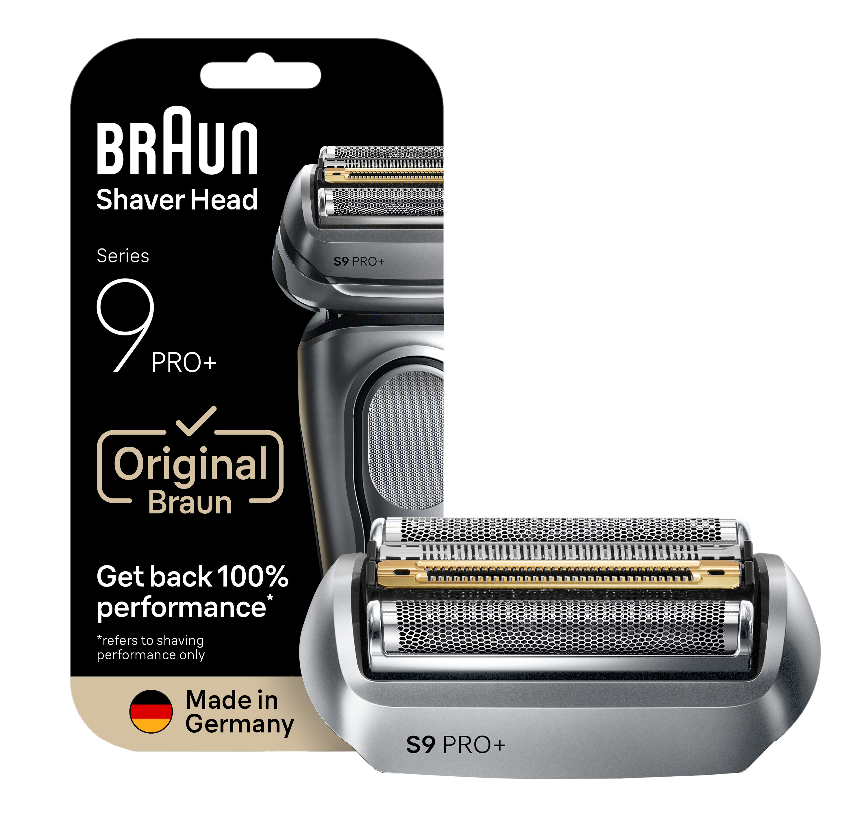 Ein Braun-Rasiererkopf, S9 PRO+, mit Text und Logo auf schwarzem Hintergrund. Hergestellt in Deutschland.