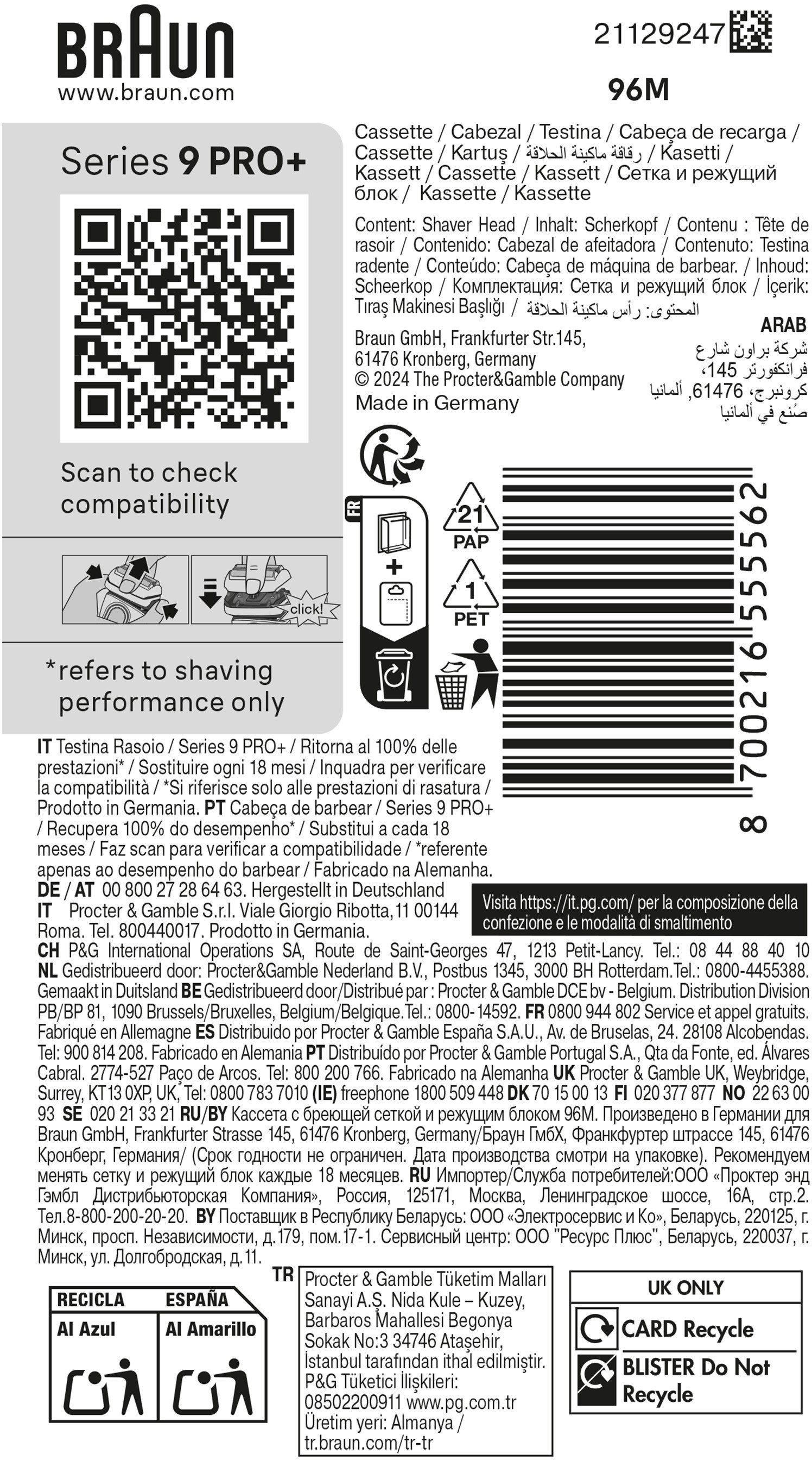 Braun Series 9 Pro+ Produktverpackung mit Text und QR-Code. Anweisungen und Recycling-Symbole sind ebenfalls vorhanden.