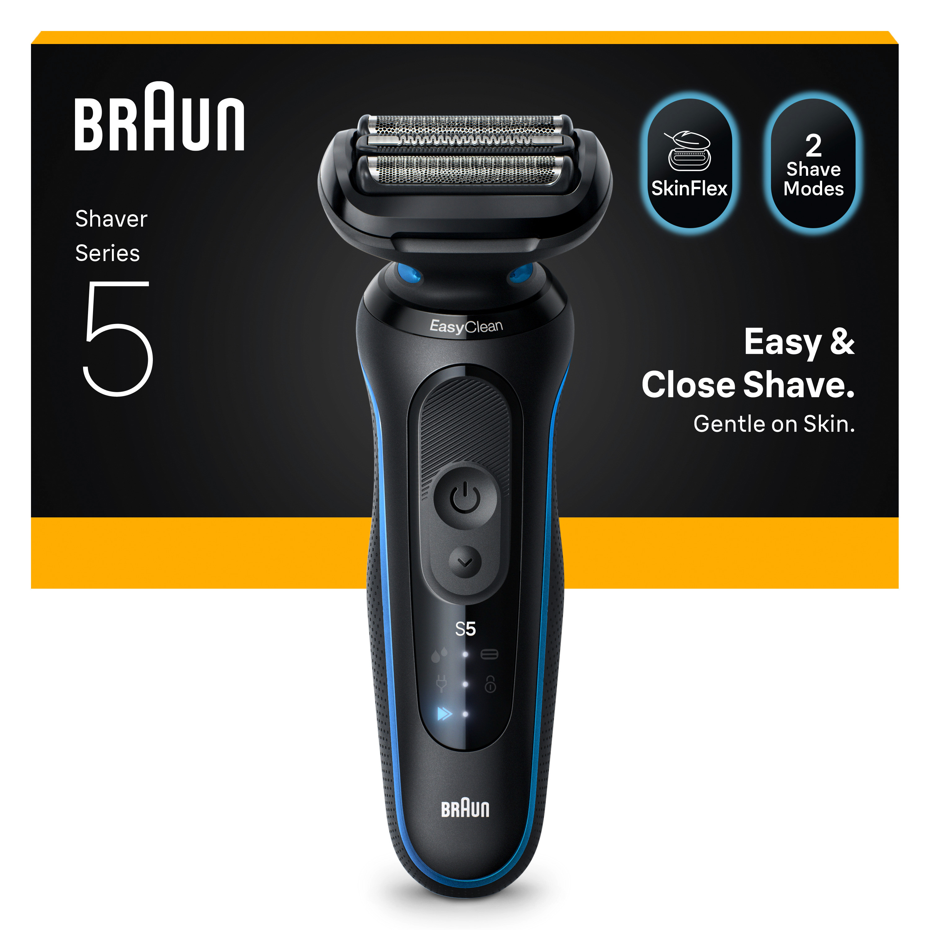 Un rasoio elettrico Braun Series 5 nero e blu con sfondo nero e giallo. Dispone di SkinFlex e 2 modalità di rasatura.