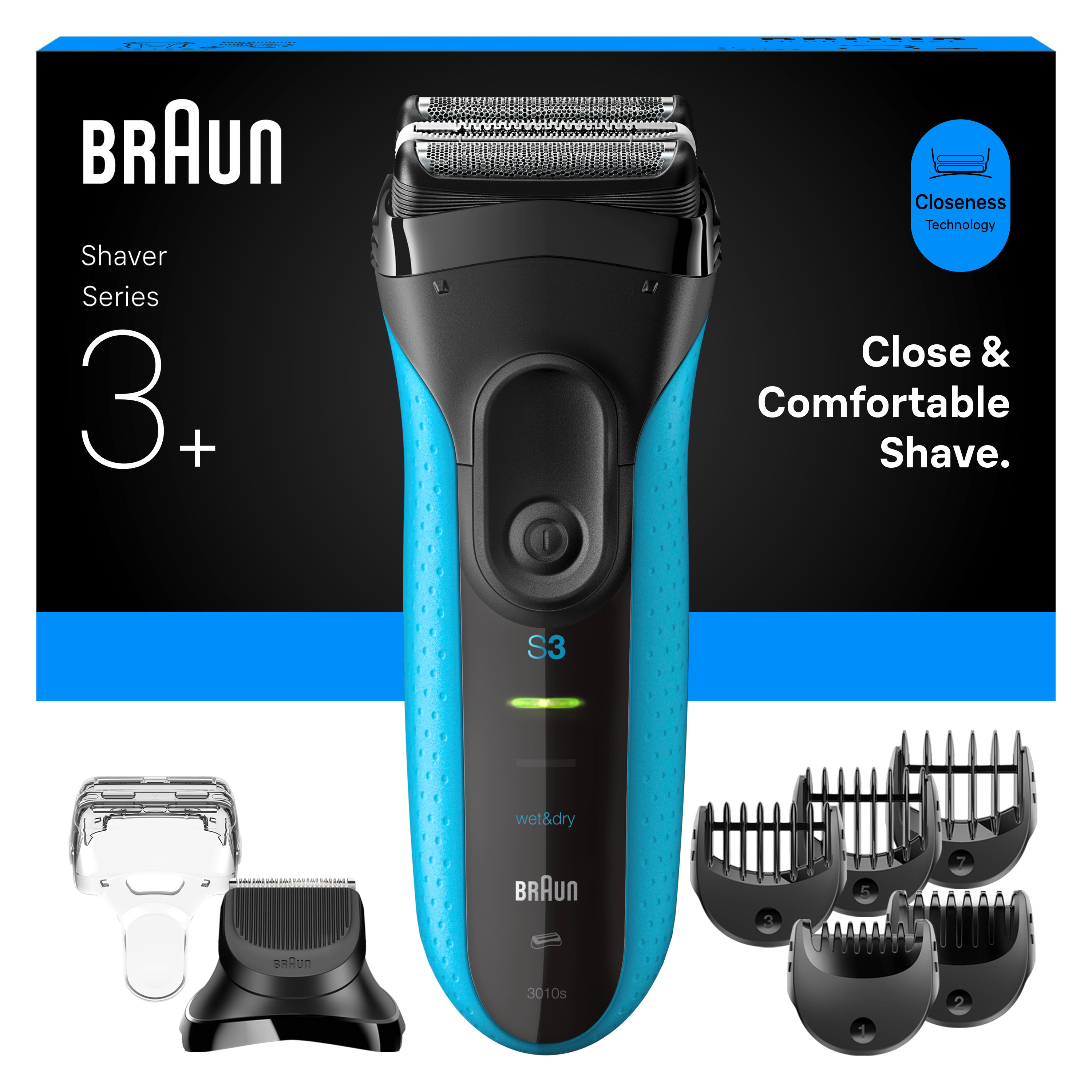 Rasoir électrique Braun Série 3, bleu et noir, avec accessoires. Texte : Rasage de près et confortable.
