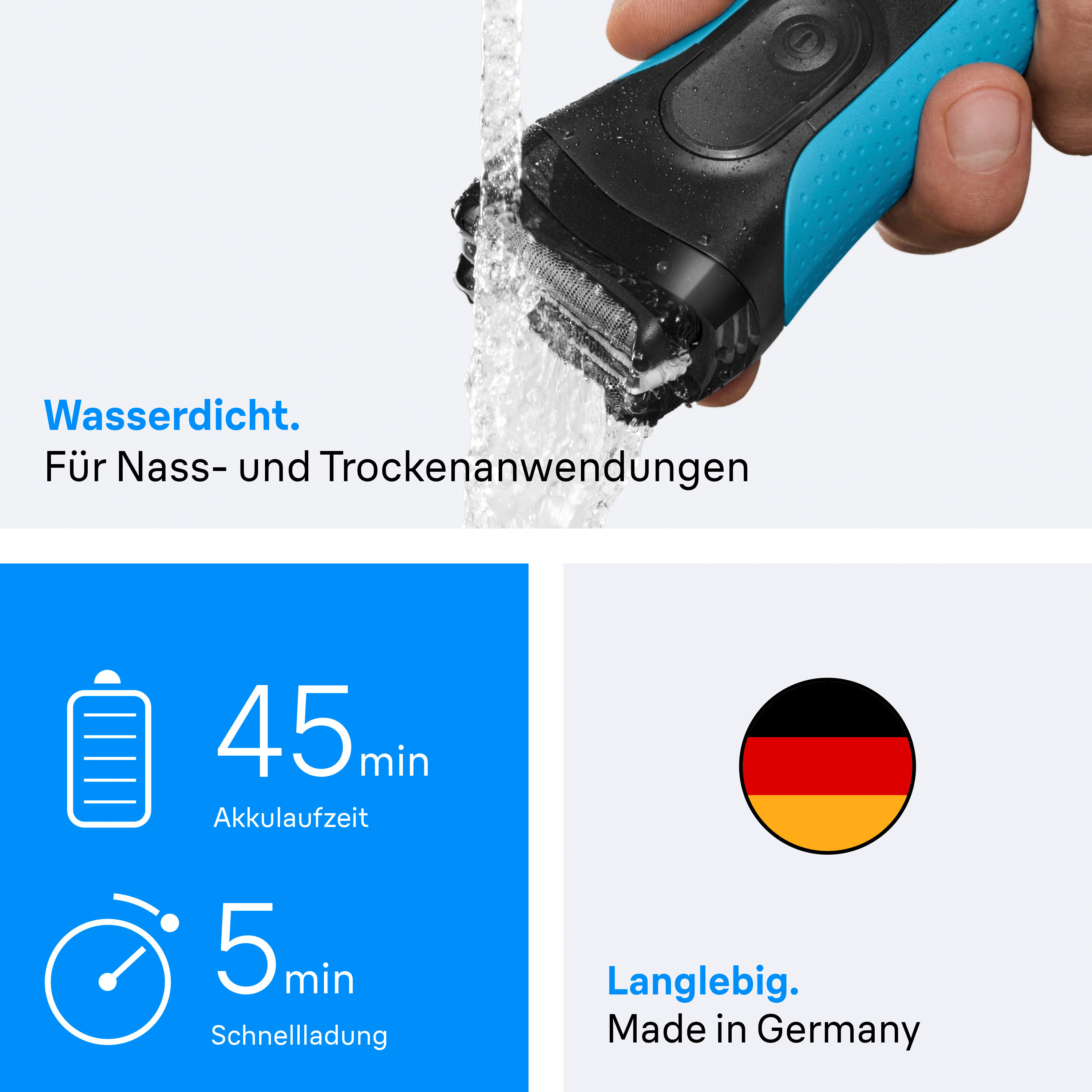 Un rasoir noir et bleu est sous l'eau courante. L'image montre les caractéristiques et l'autonomie de la batterie.