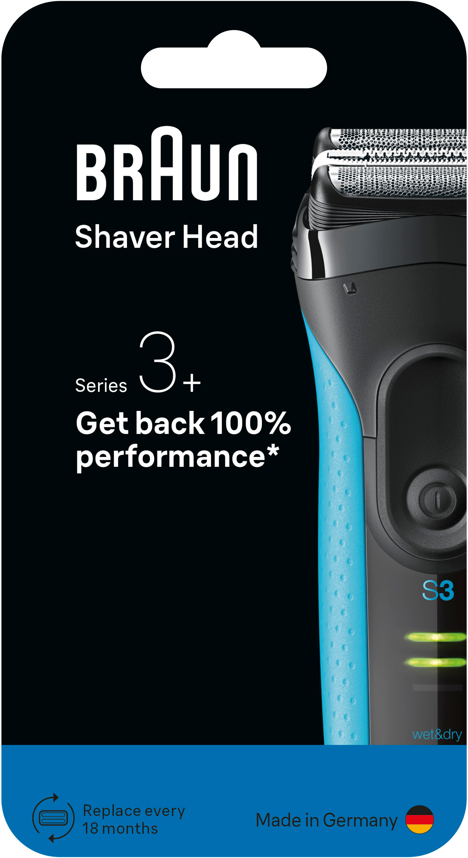 Emballage de tête de rasoir Braun. Design noir et bleu avec détails du produit et image de la tête. Fabriqué en Allemagne.
