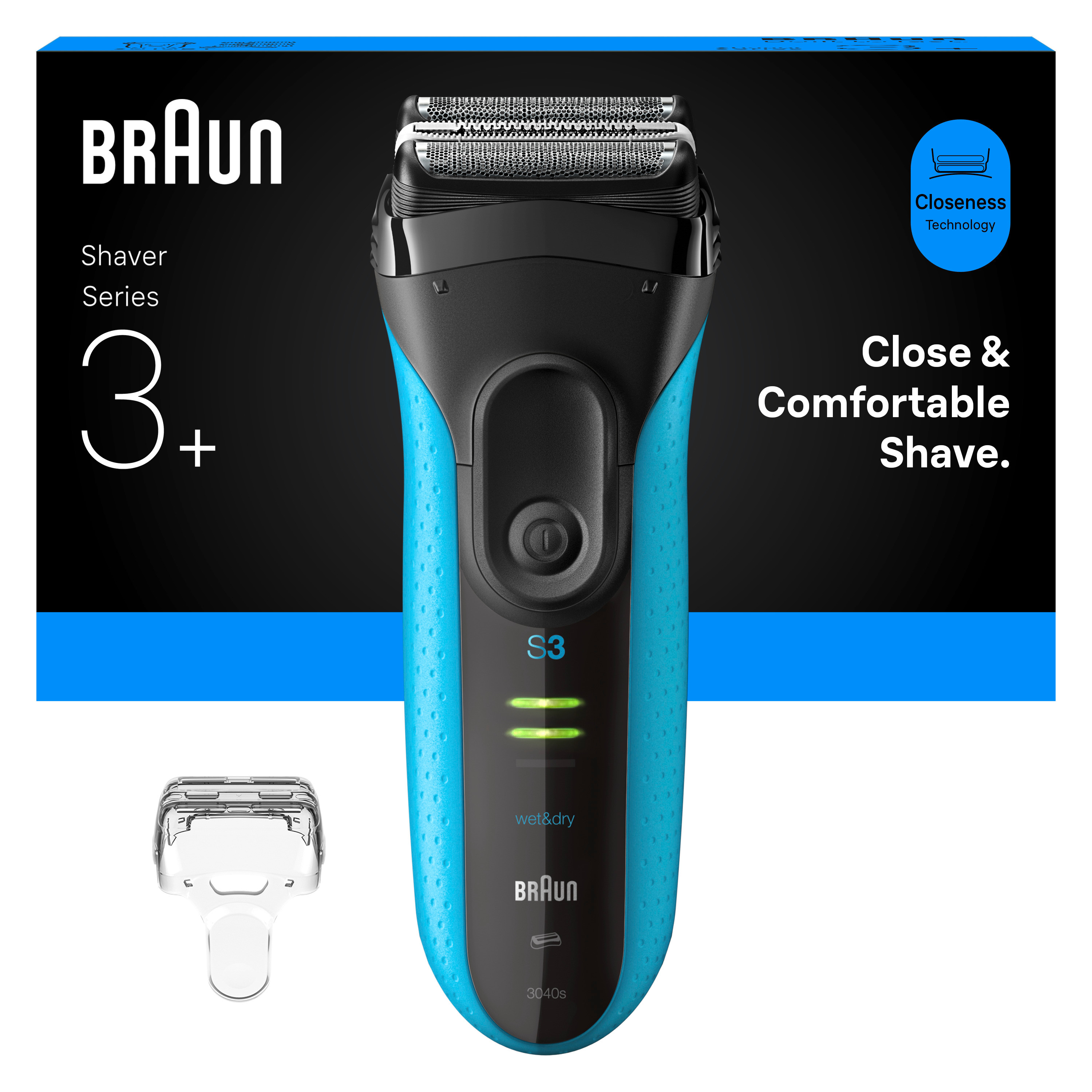 Ein elektrischer Rasierer der Braun Series 3. Er ist blau und schwarz, mit einem Rasierkopf und einer transparenten Schutzkappe.