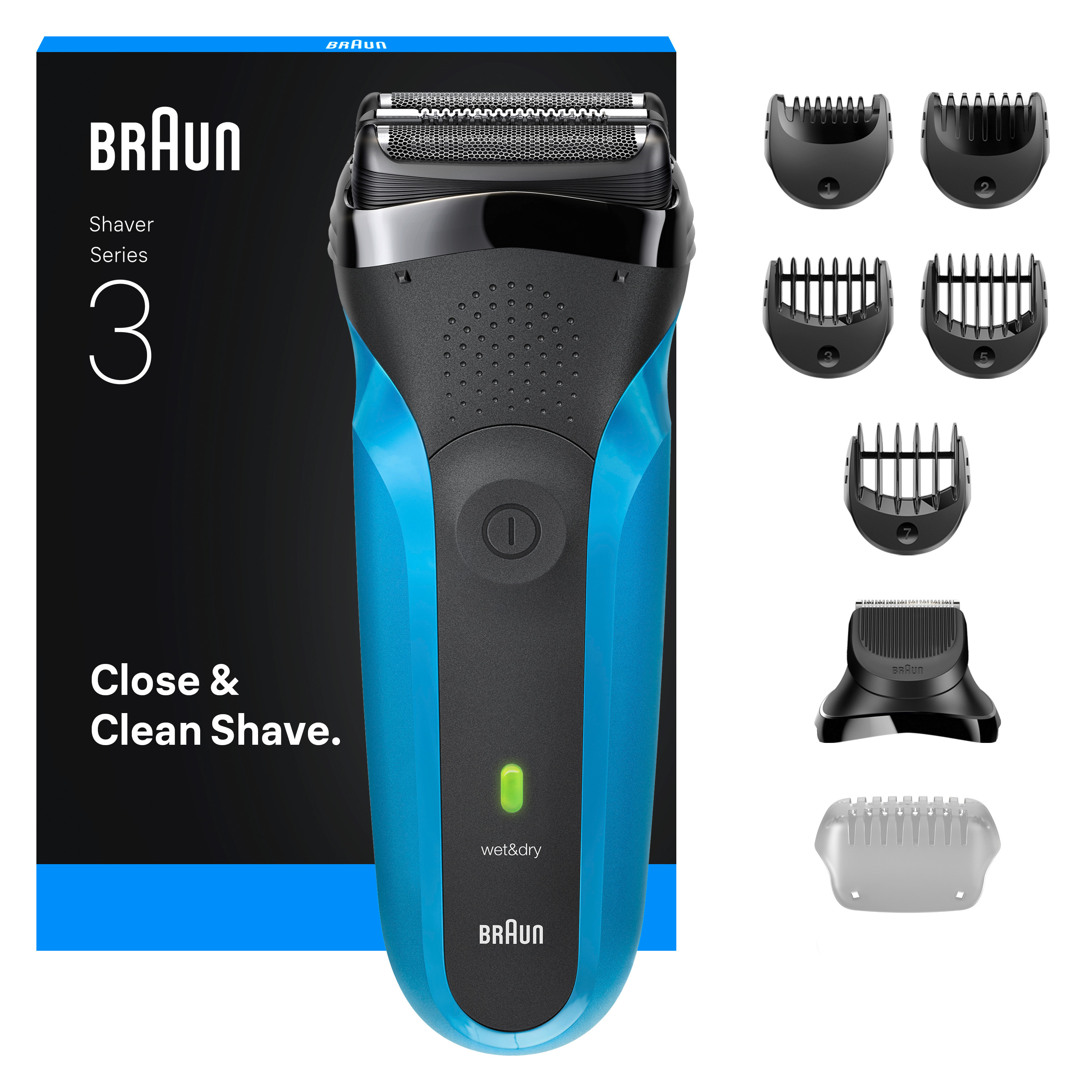 Un rasoio elettrico Braun Series 3 con accessori. Il rasoio è blu e nero, con diversi accessori.
