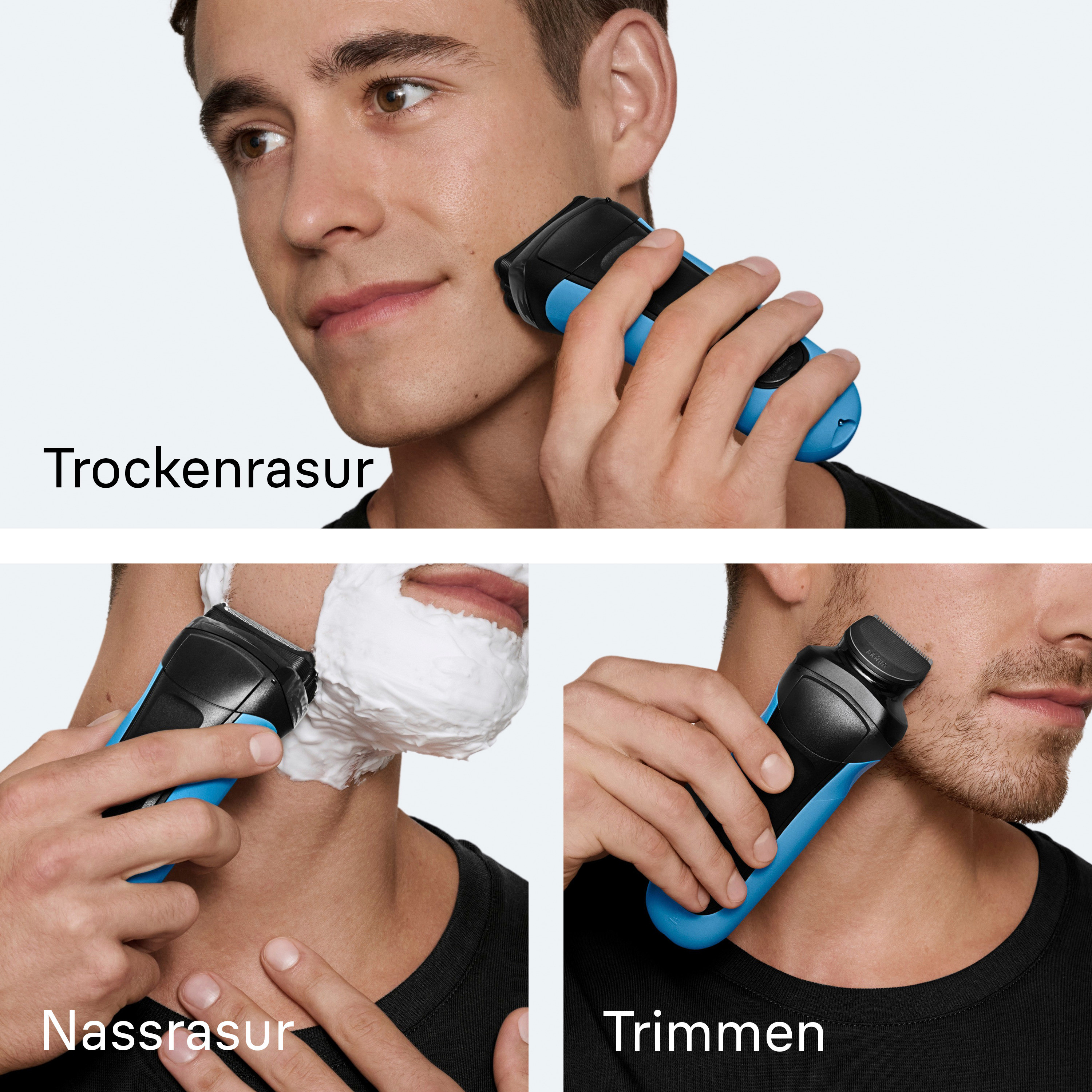 L'immagine mostra un uomo che si rade con un rasoio elettrico nero e blu. L'immagine è divisa in tre parti, che mostrano diversi metodi di rasatura.