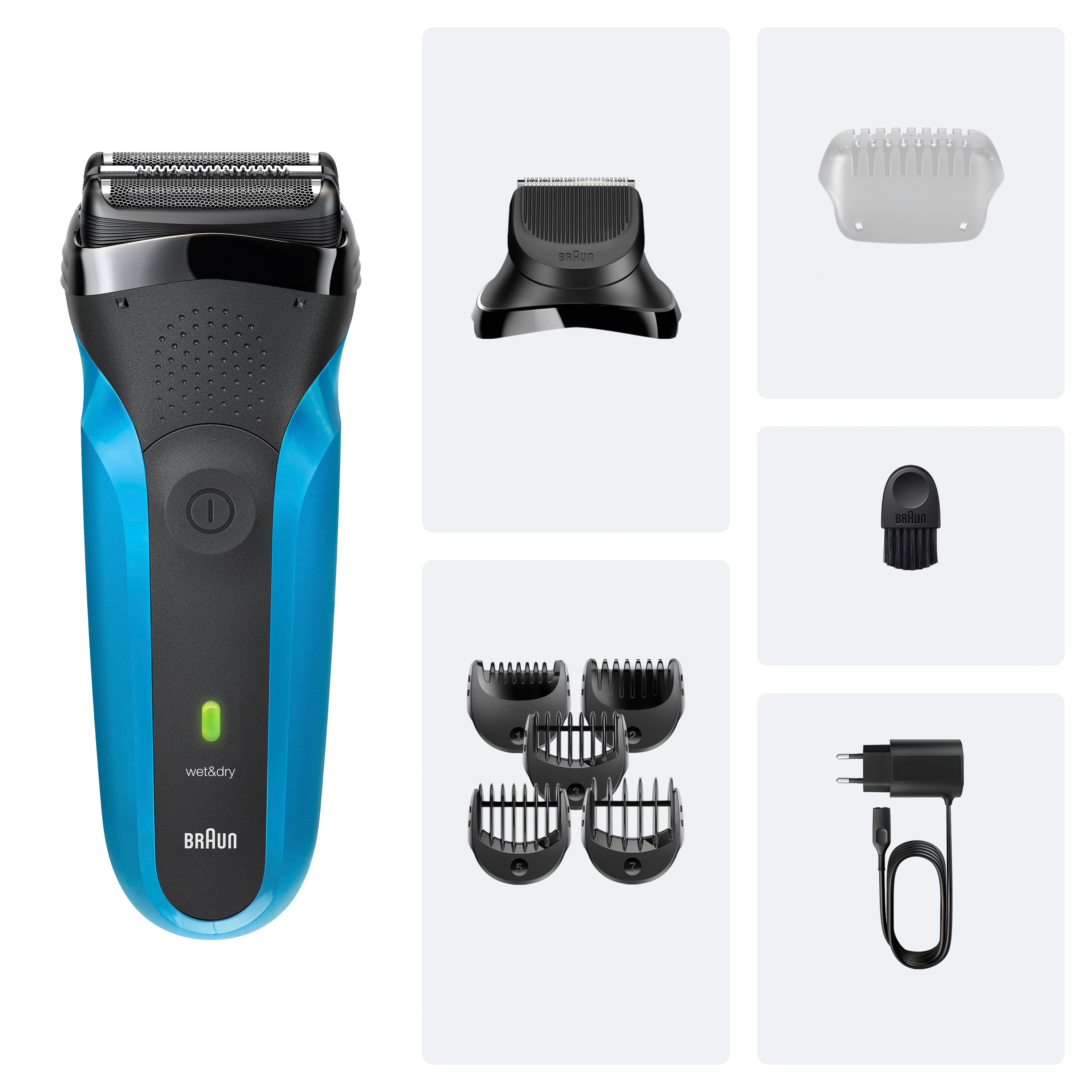 Un rasoio elettrico, blu e nero, con accessori: lame, spazzola, cavo di ricarica e cappuccio di pulizia.