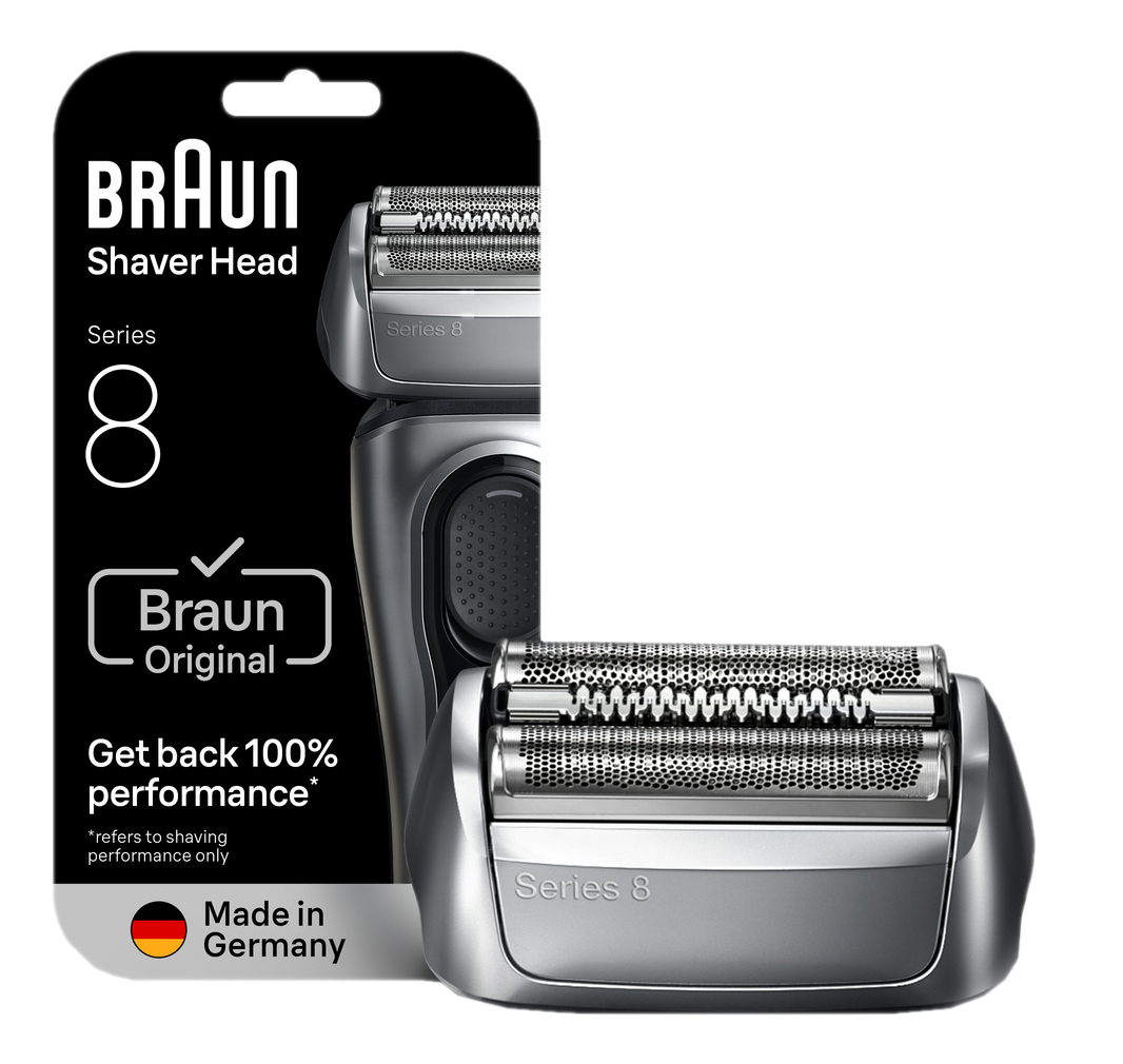 Eine Braun Series 8 Rasiererkopf-Verpackung. Sie zeigt das Produkt mit Texten wie 'Braun', 'Series 8' und 'Made in Germany'.