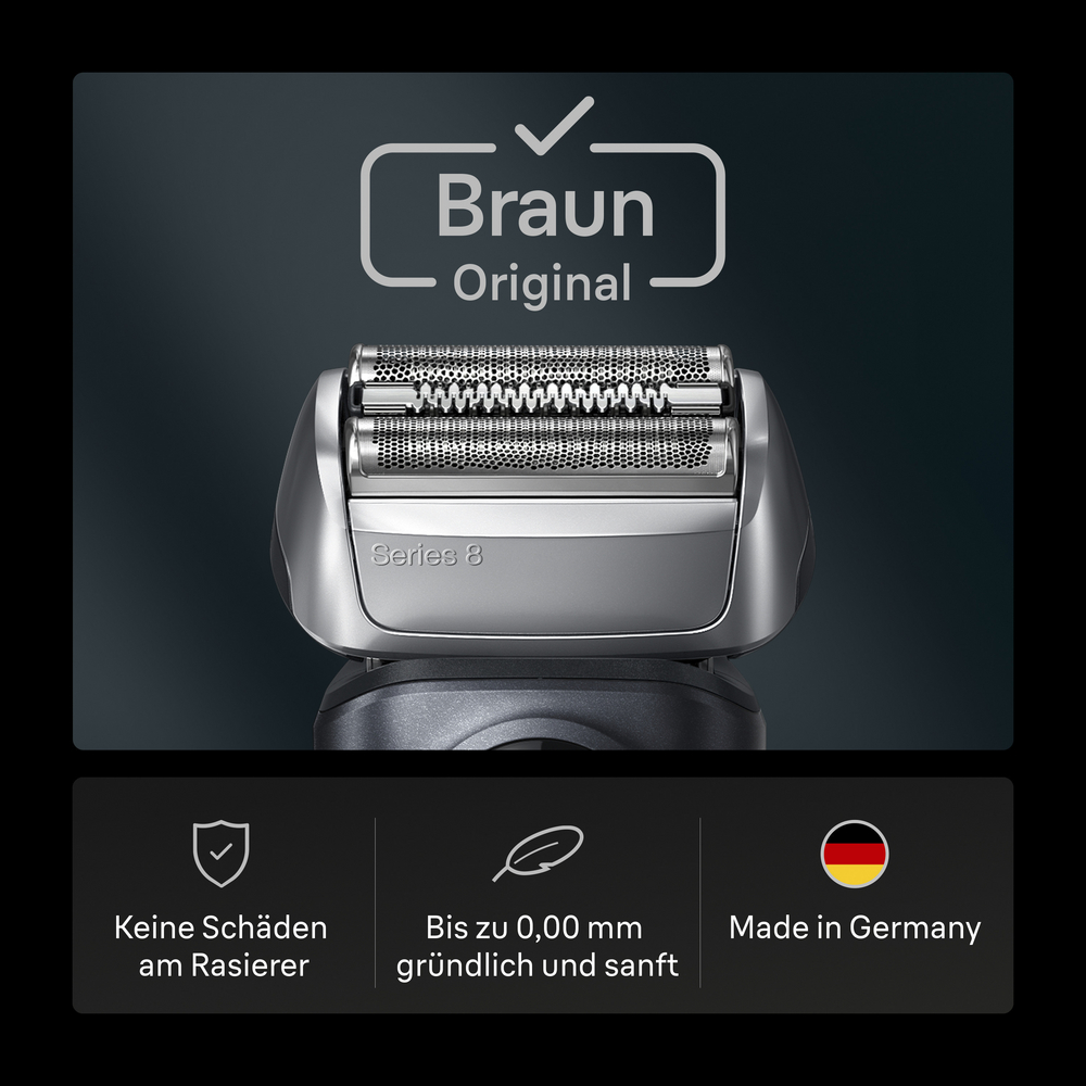 Ein Rasiererkopf der Braun Series 8 wird gezeigt. Er hat eine silberne Folie und einen schwarzen Griff. Der Text lautet Braun Original.