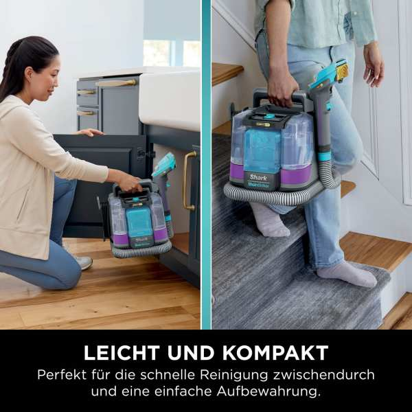 Eine Frau benutzt einen Shark-Reiniger. Der Reiniger ist kompakt und leicht. Eine Person ist auf Treppen, die andere am Schrank.