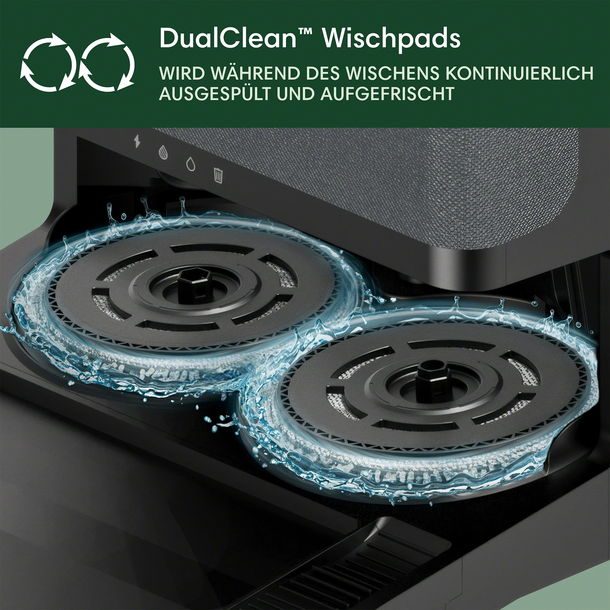 Nahaufnahme eines Reinigungsgeräts mit zwei rotierenden Pads. Wasser fließt um sie herum. Das Gerät ist schwarz, mit Text oben.