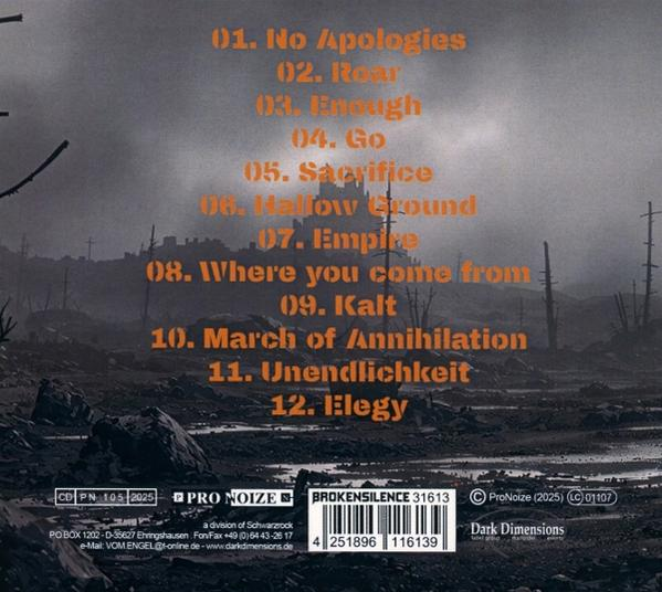 Rückseite eines CD-Covers mit Songliste in orange und düsterer Landschaft