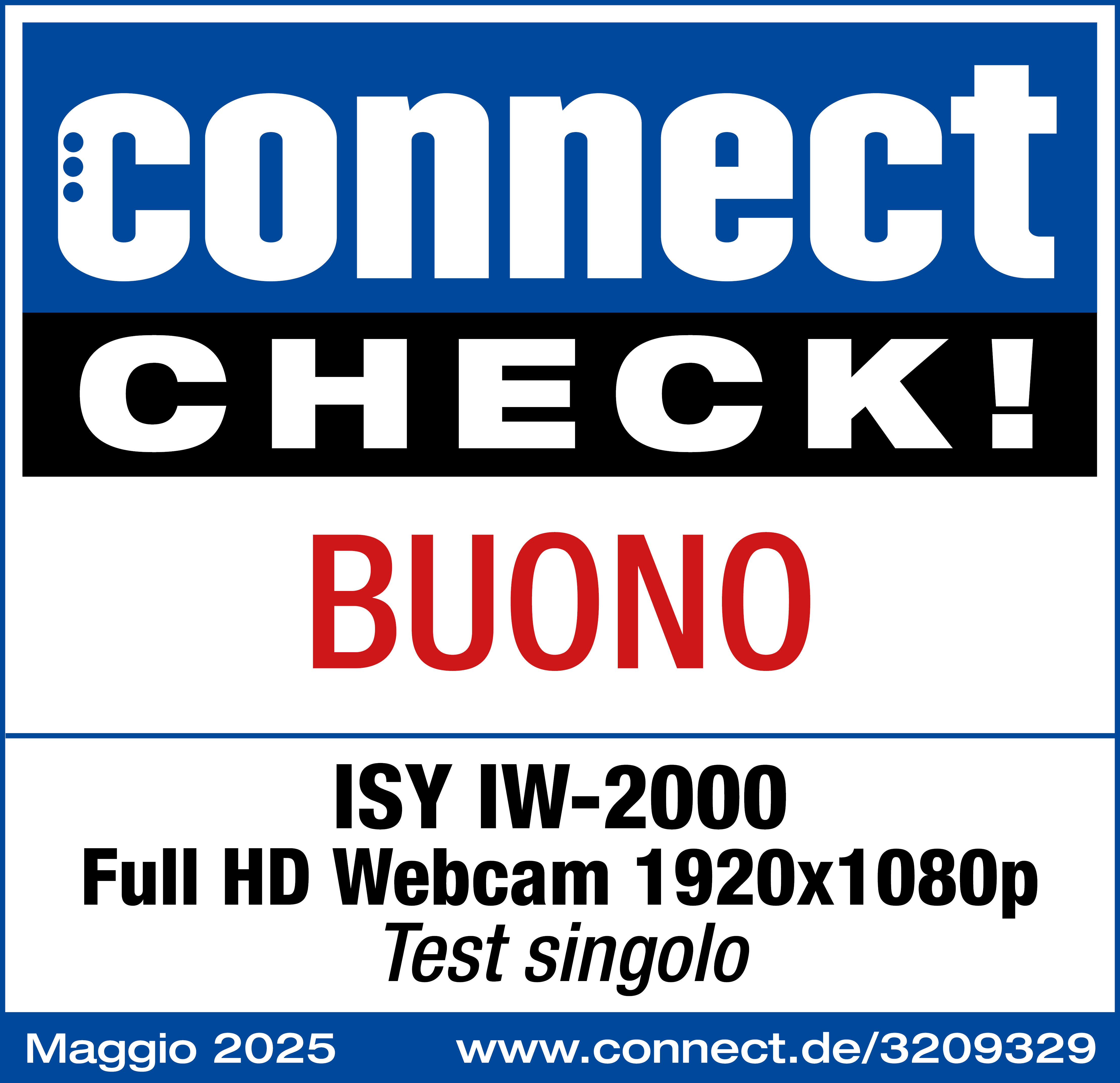 Grafica blu e bianca con testo: 'connect CHECK! BUONO'. Sotto: 'ISY IW-2000 Full HD Webcam'. Sono presenti anche data e sito web.