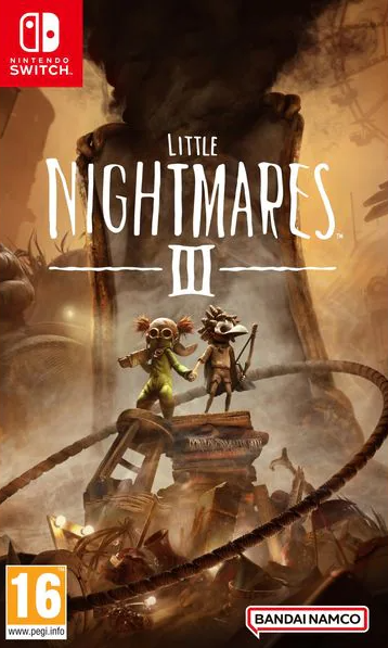 Spielcover von Little Nightmares III. Zwei Figuren stehen auf einer Plattform. Der Hintergrund hat eine dunkle, industrielle Kulisse.