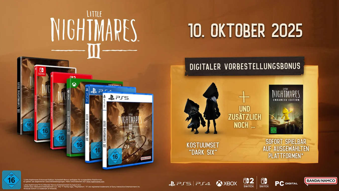 Spielboxen für Little Nightmares III auf verschiedenen Plattformen. Enthält Bonusinhalte und Veröffentlichungsdatum. Zeigt Spielfiguren.