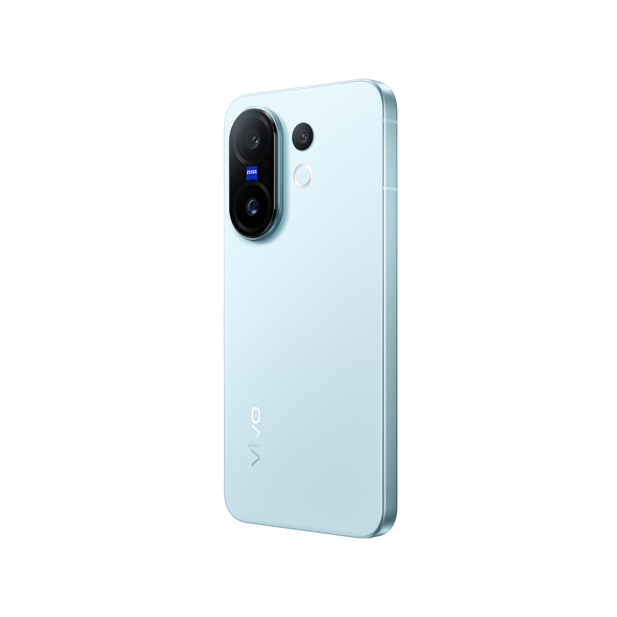 Zeiss lens dahil olmak üzere çoklu arka kameralara sahip, açık mavi bir akıllı telefon. Vivo logosu görünür. Telefon beyaz bir arka plan üzerinde.
