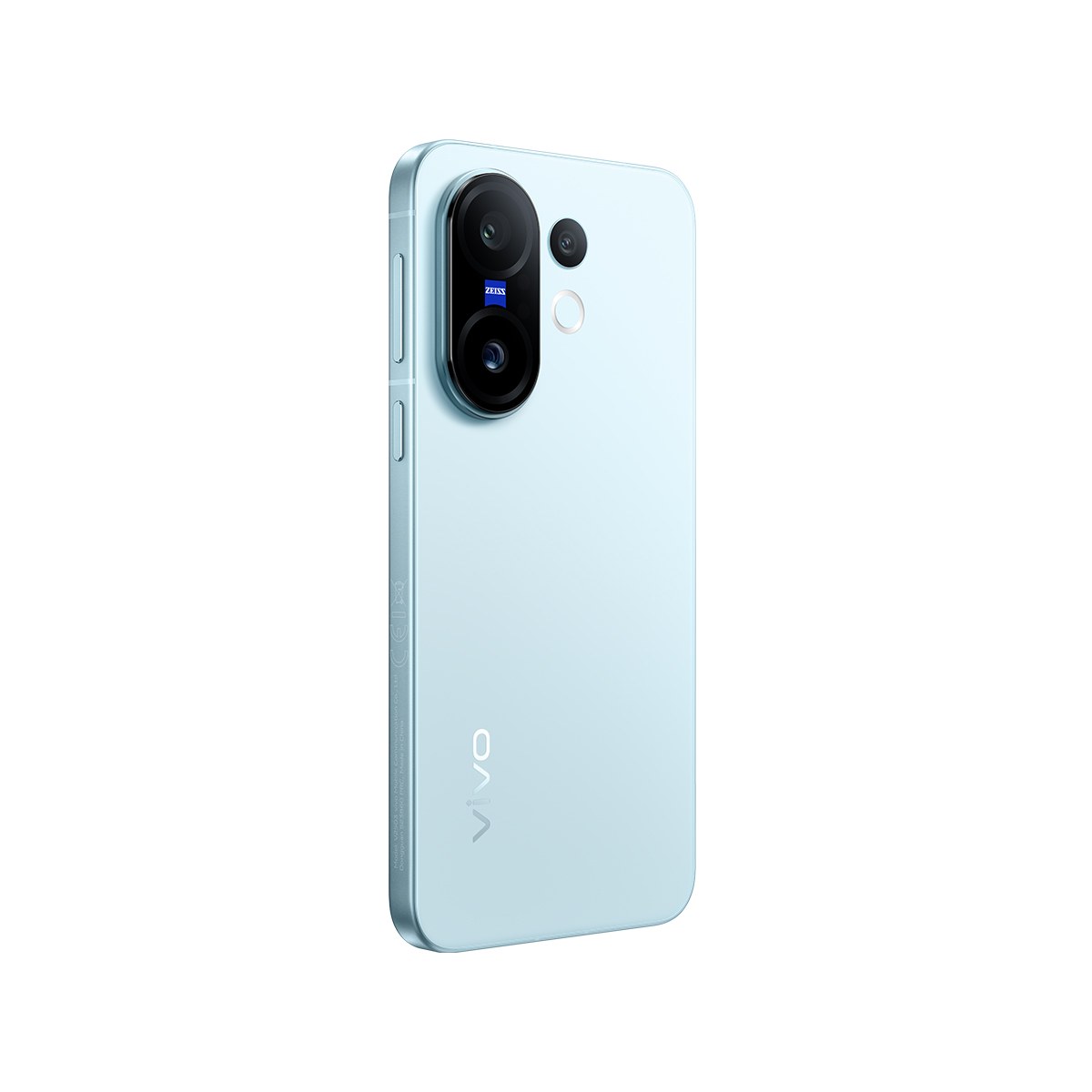 Açık mavi bir Vivo akıllı telefon. Arkasında çoklu kameralar ve Zeiss logosu var. Vivo logosu altta.